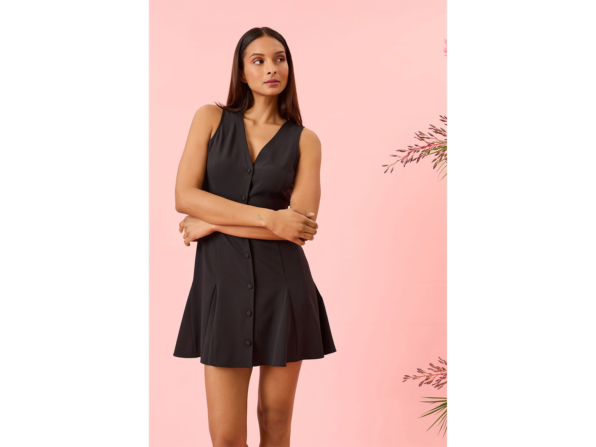 V Neck Button Front Mini Dress — Image 3