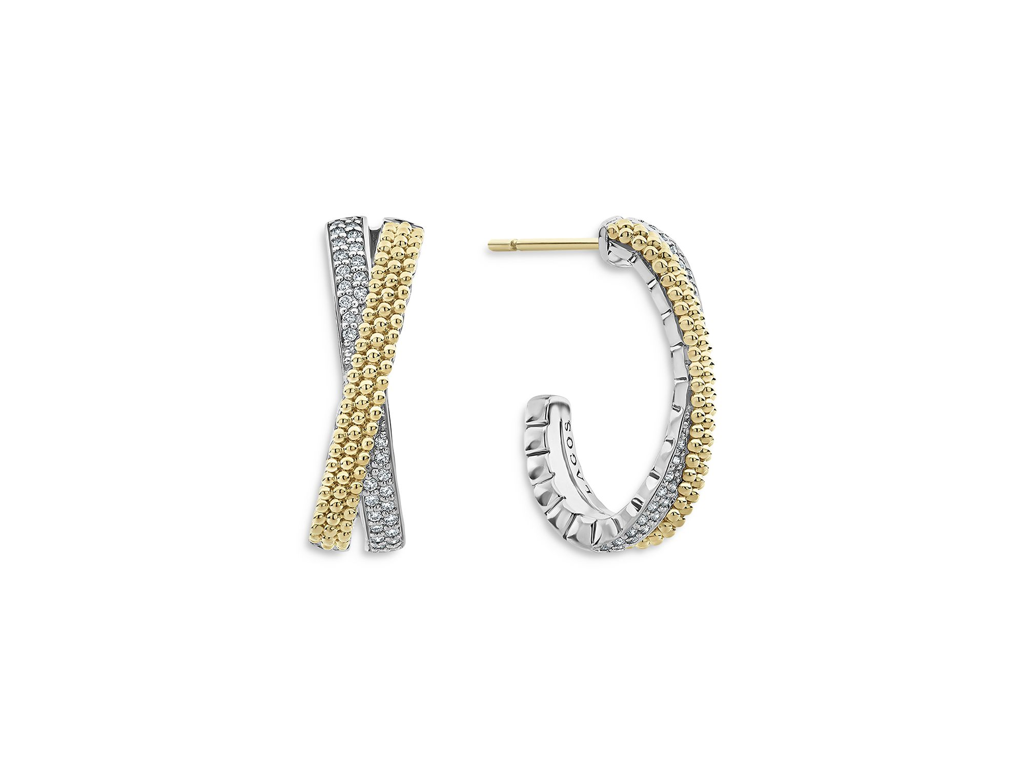 Sterling & 18K Yellow Gold Caviar Lux Diamond Hoop Earrings — Image 4