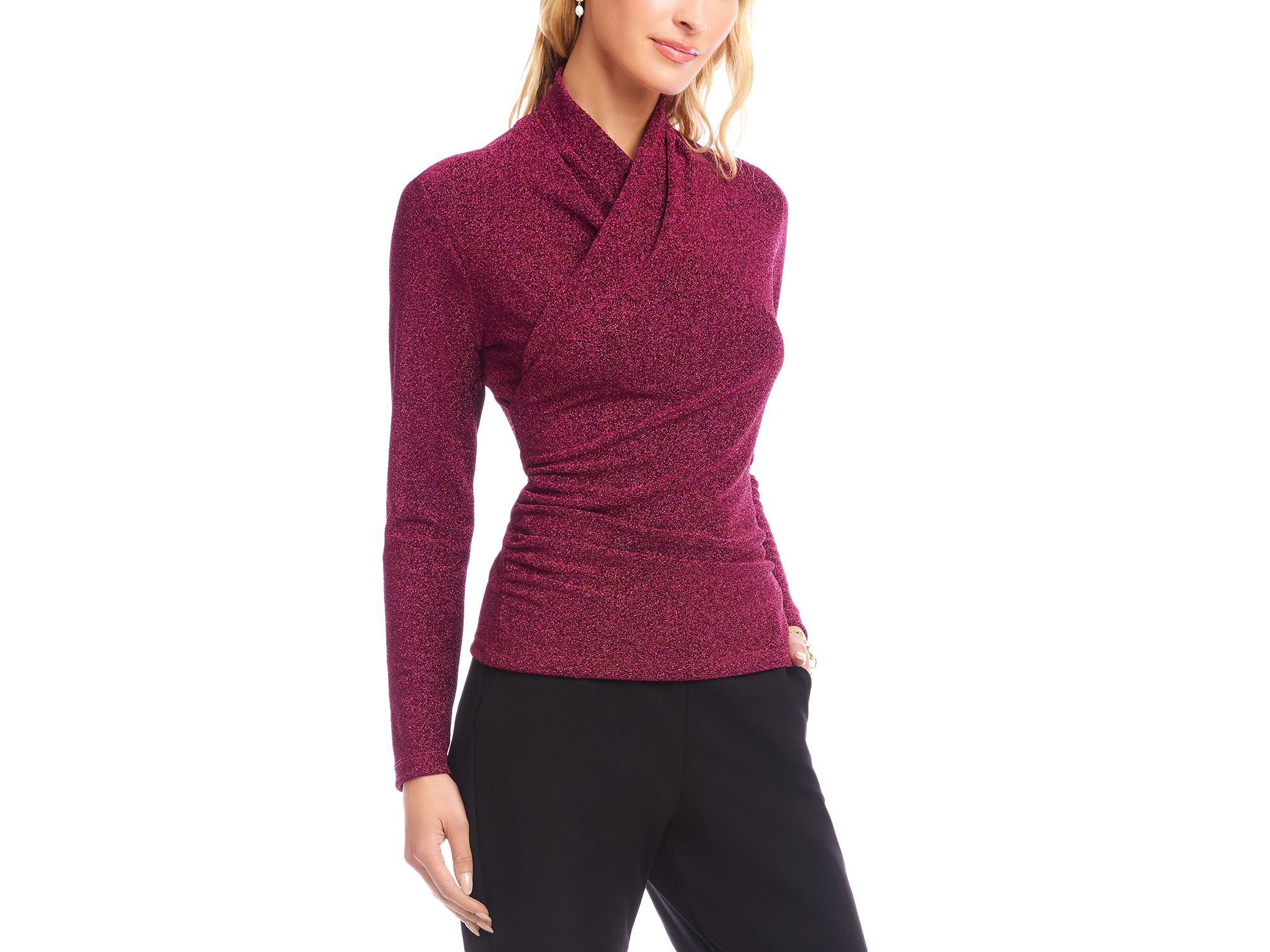Petite Long Sleeve Metallic Crossover Side Shirred Top — Image 3