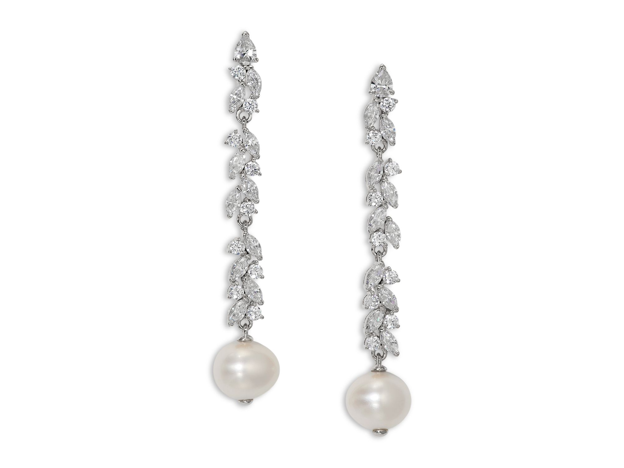 Sav Cubic Zirconia Cluster & Cultured Freshwater Pearl Linear Drop Earrings in Rhodium Plated - Image 1