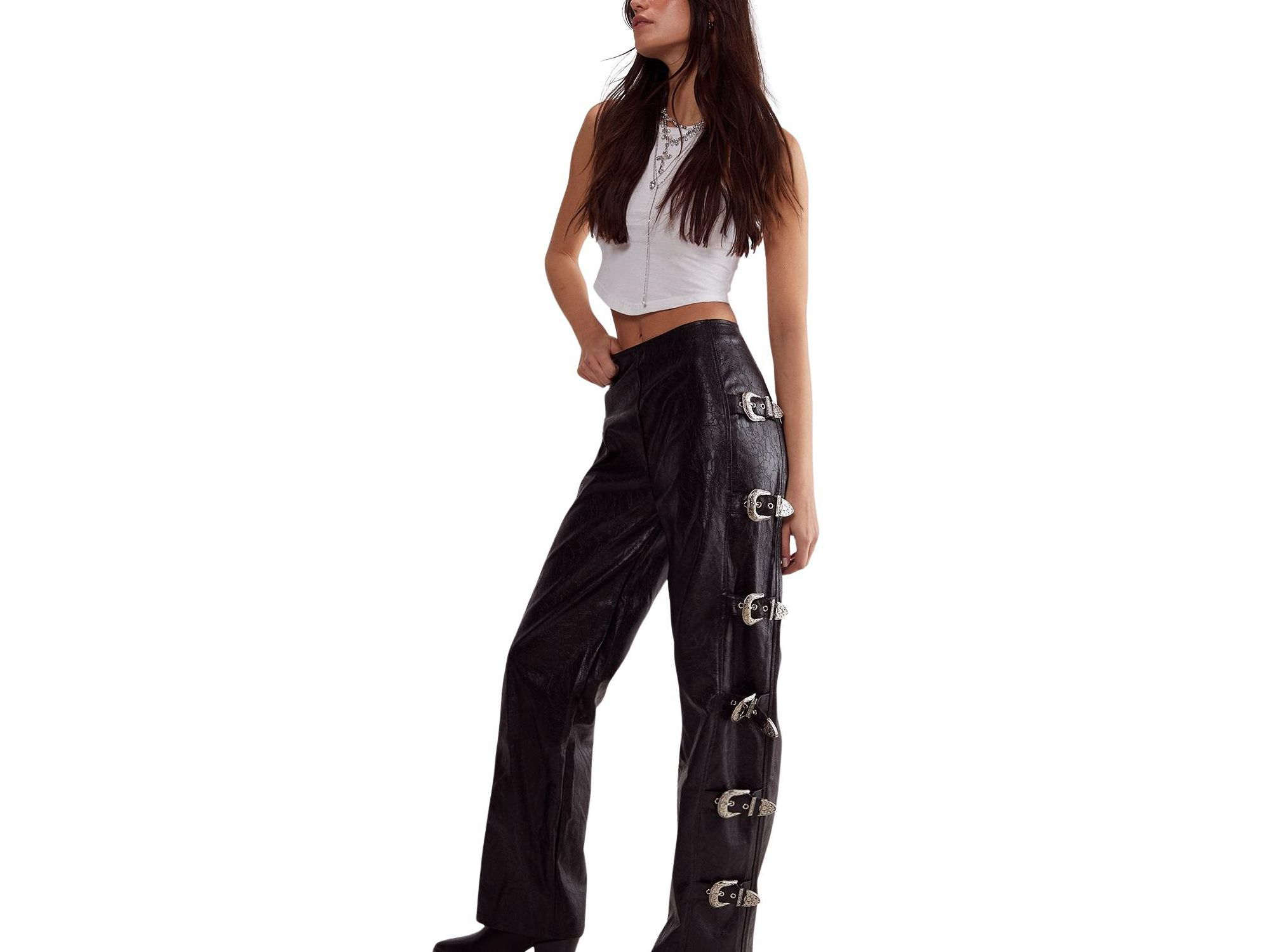 Faux Leather Buckle Detail Pants — Image 3