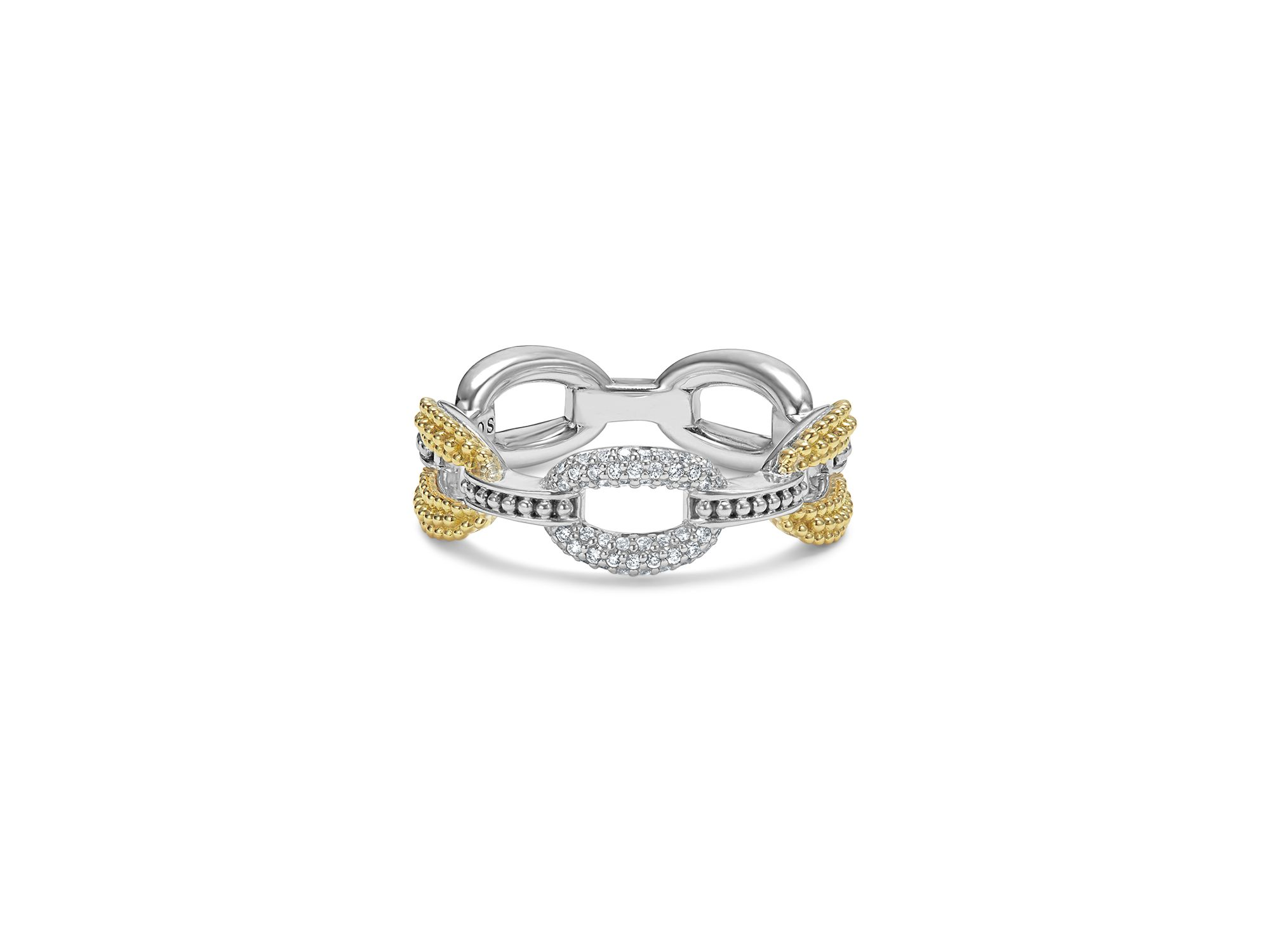 18K Yellow Gold & Sterling Silver Caviar Lux Small Diamond Oval Link Eternity Band Ring — Image 4