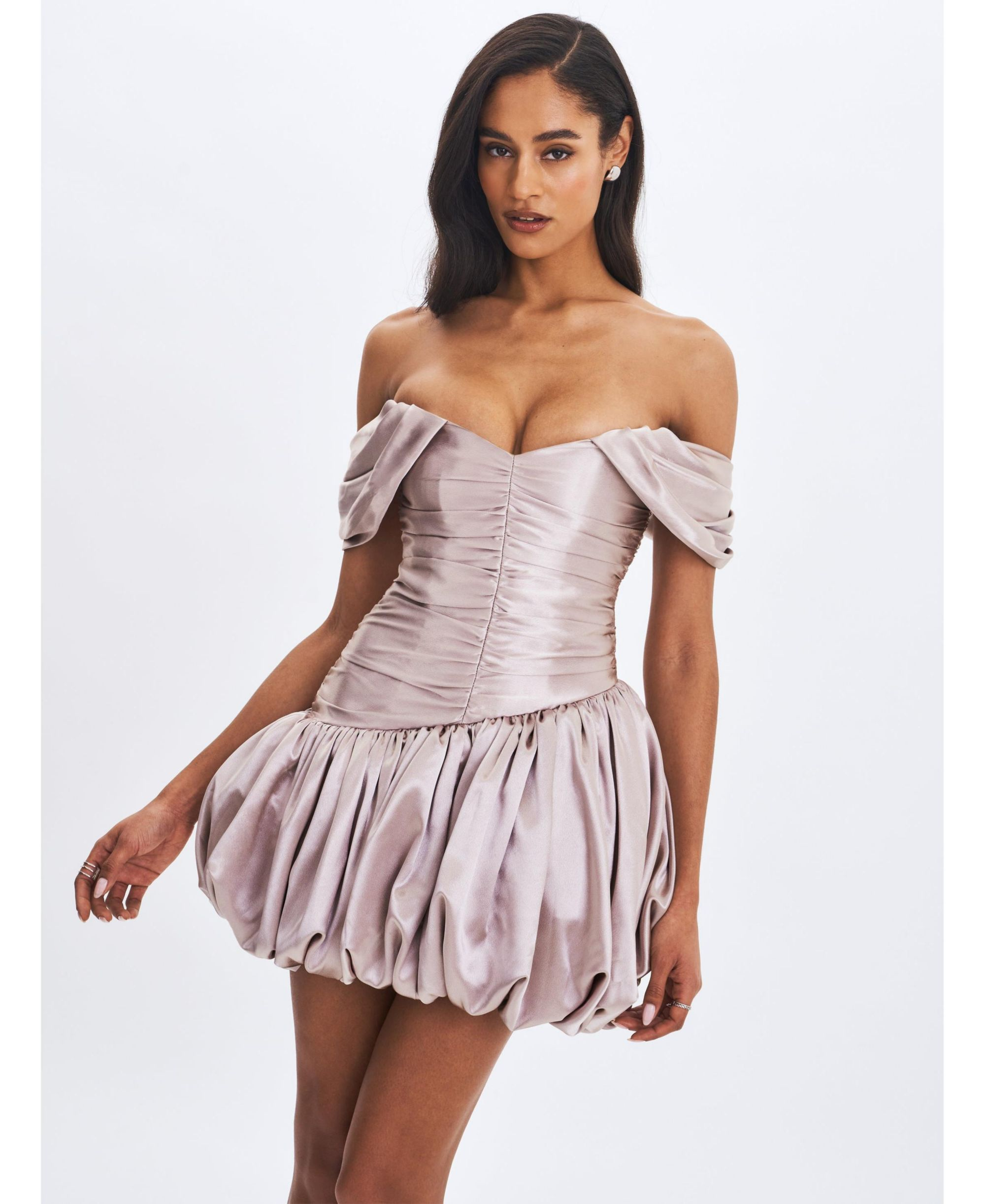 Milena Ruched Asymmetrical Bubble Mini Dress — Image 5