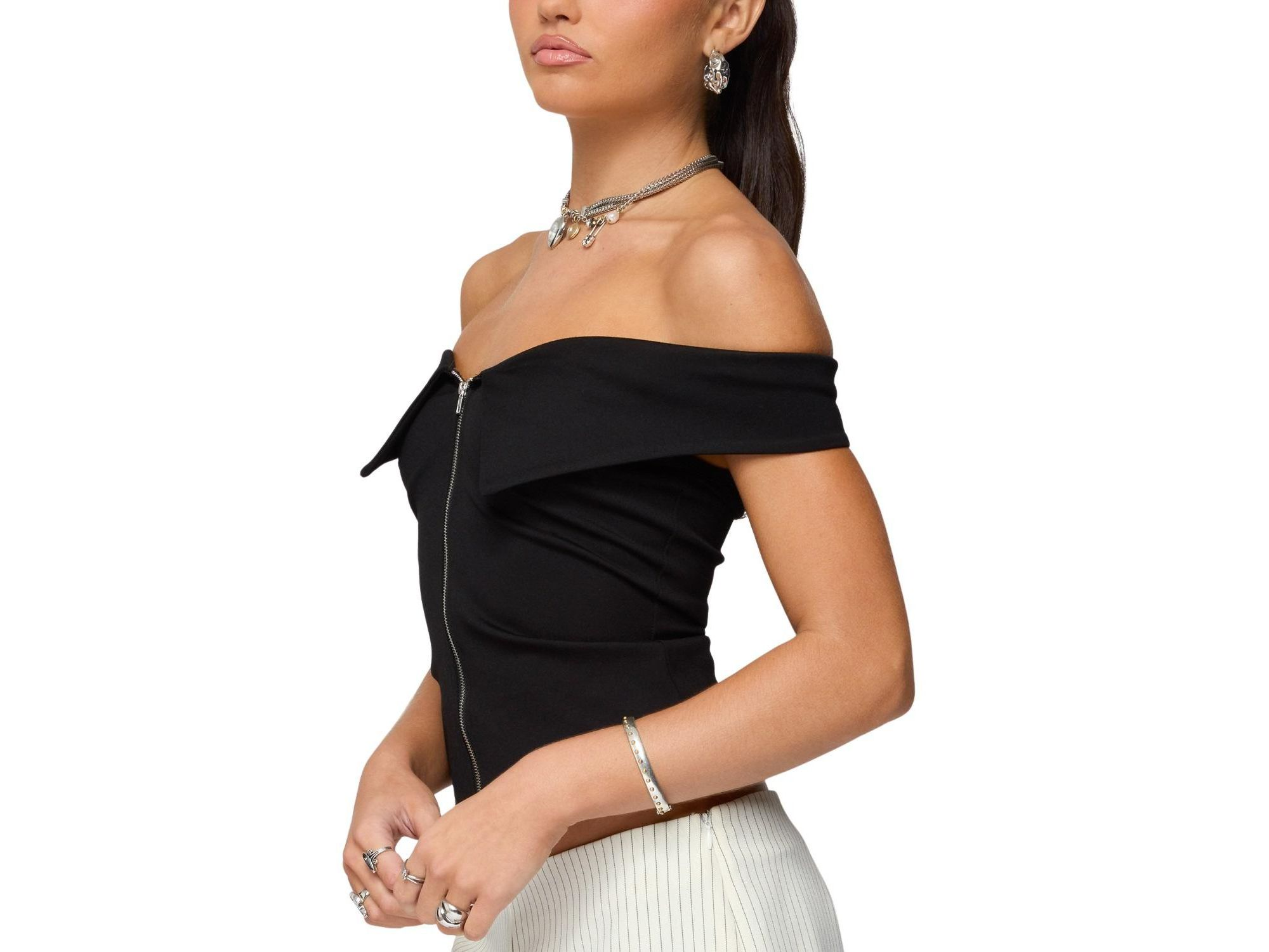 Collared Off Shoulder Zip Up Top — Image 3