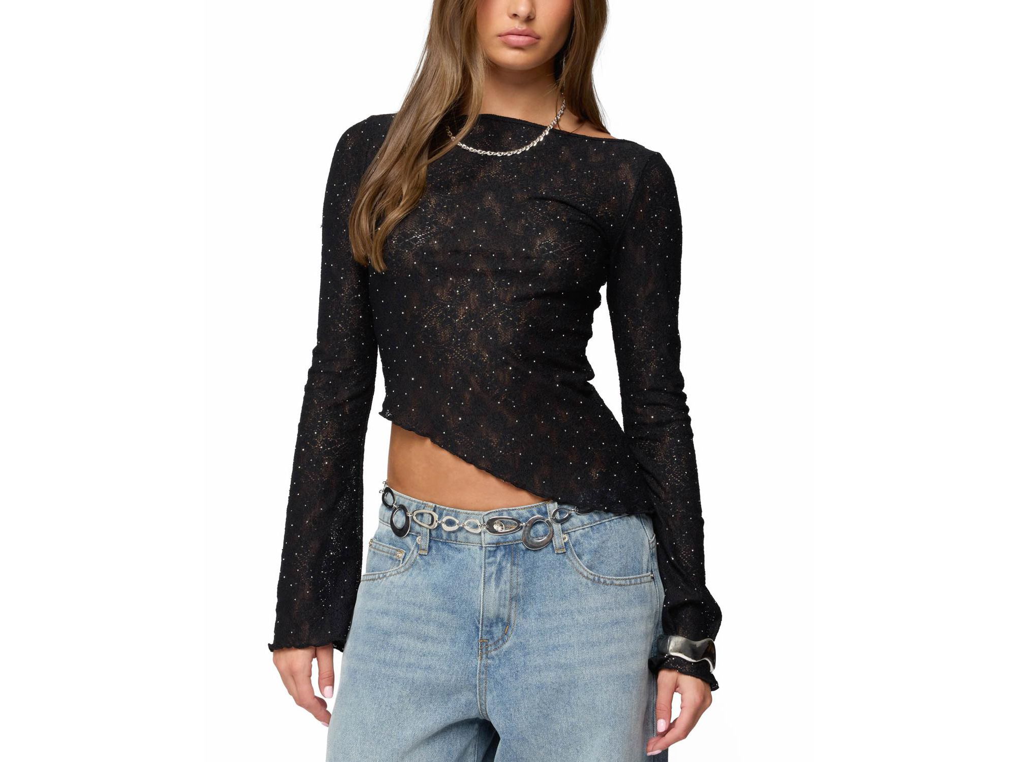 Mare Asymmetric Gem Sheer Lace Top