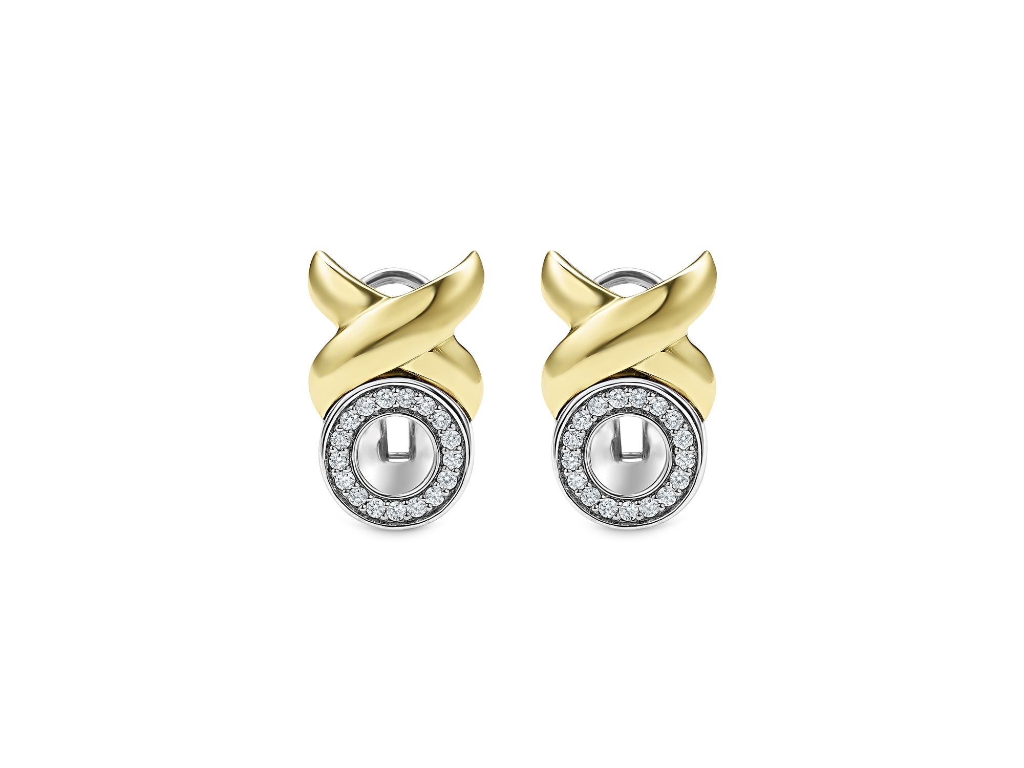 18K Yellow Gold & Sterling Silver Embrace Diamond XO Omega Earrings — Image 3