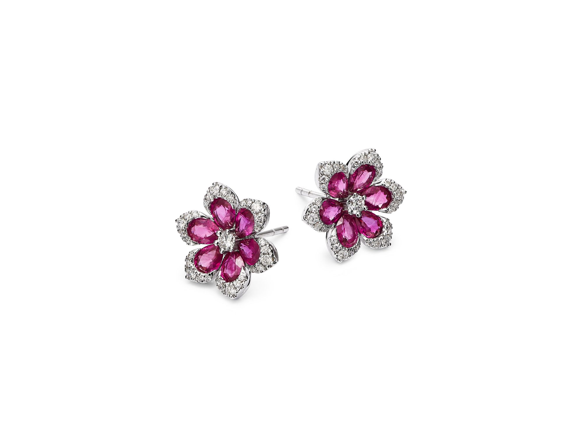 Ruby & Diamond Flower Stud Earrings 14K White Gold — Image 3