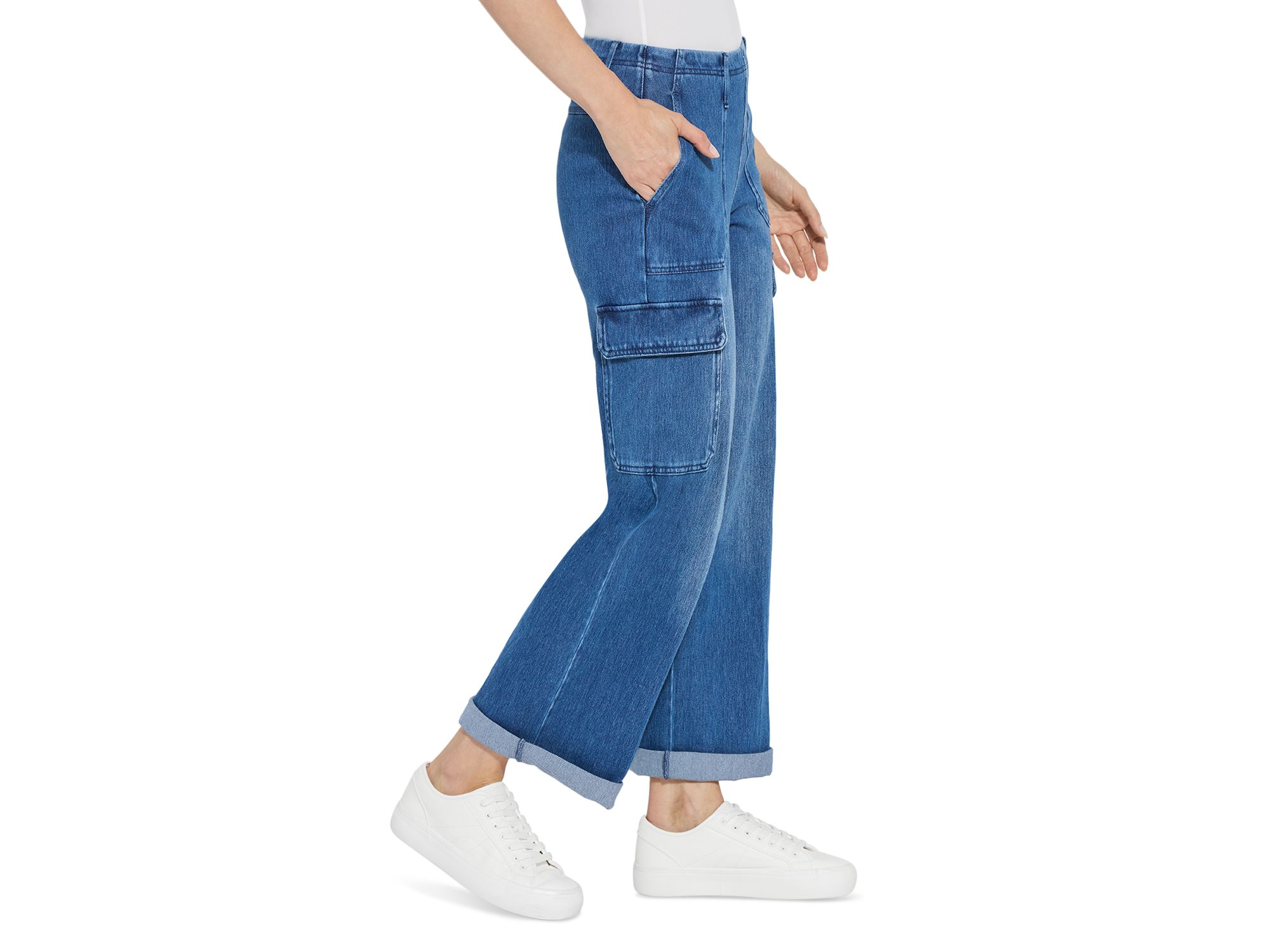 Scout High Rise Cuffed Cargo Jeans in Mid Wash — Image 5