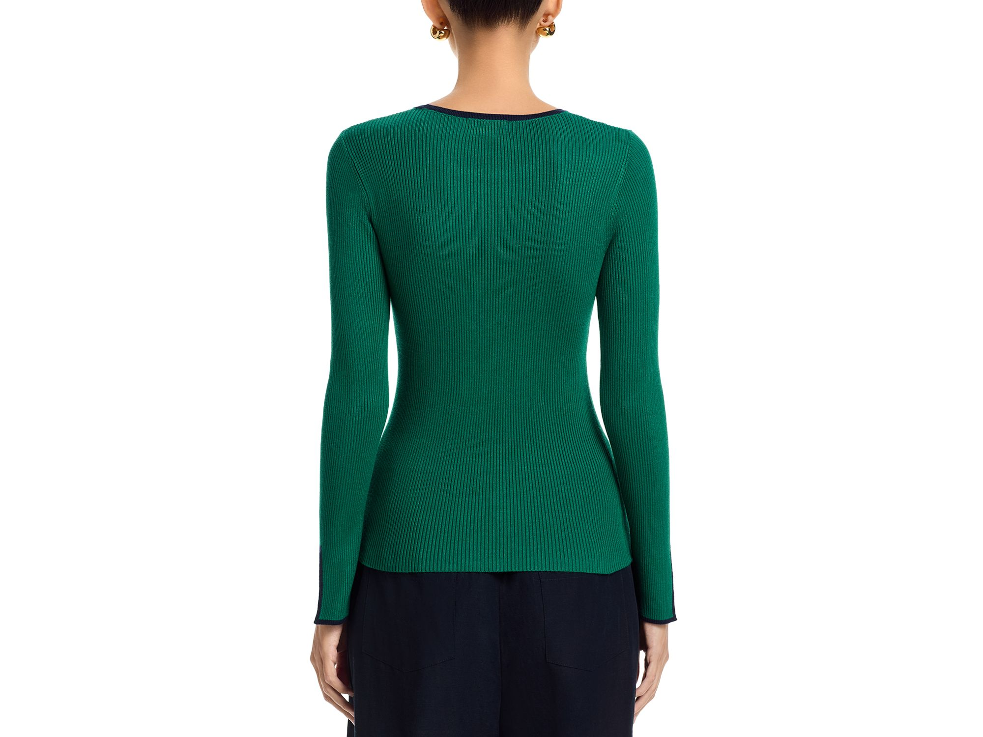 Long Bell Sleeved Rib Contrast Tipping Crewneck Pullover Sweater — Image 3