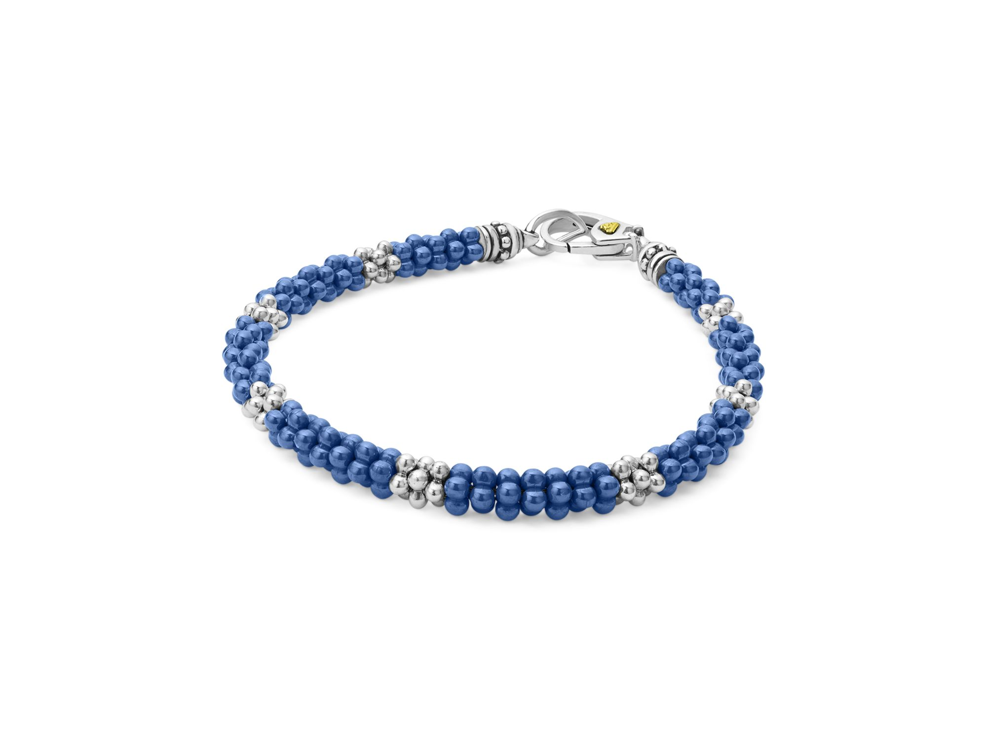 18K Yellow Gold & Sterling Silver Blue Ceramic Caviar Bead Statement Bracelet — Image 3