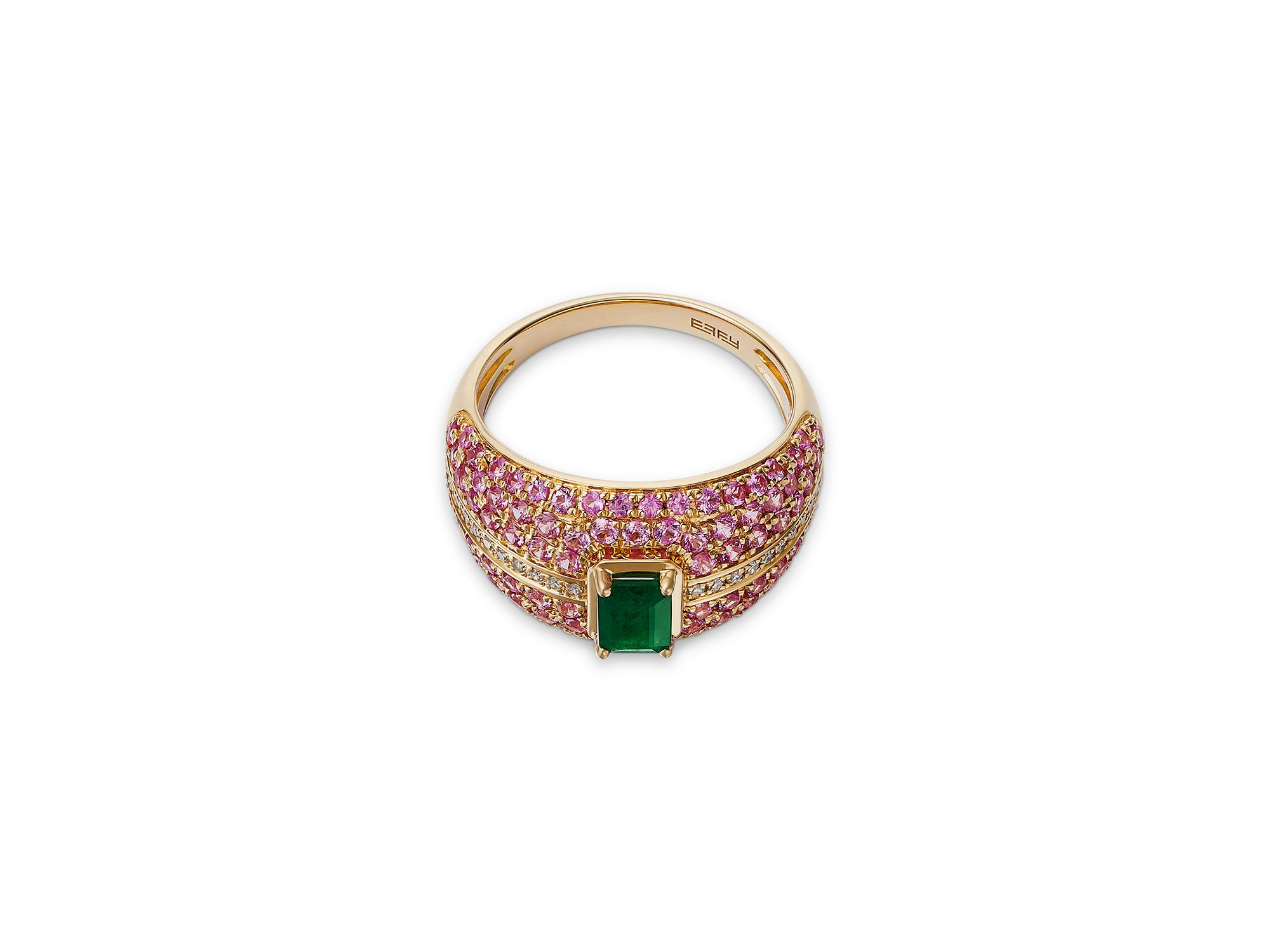 Emerald, Pink Sapphire & Diamond Pavé Multirow Ring in 14K Yellow Gold — Image 3