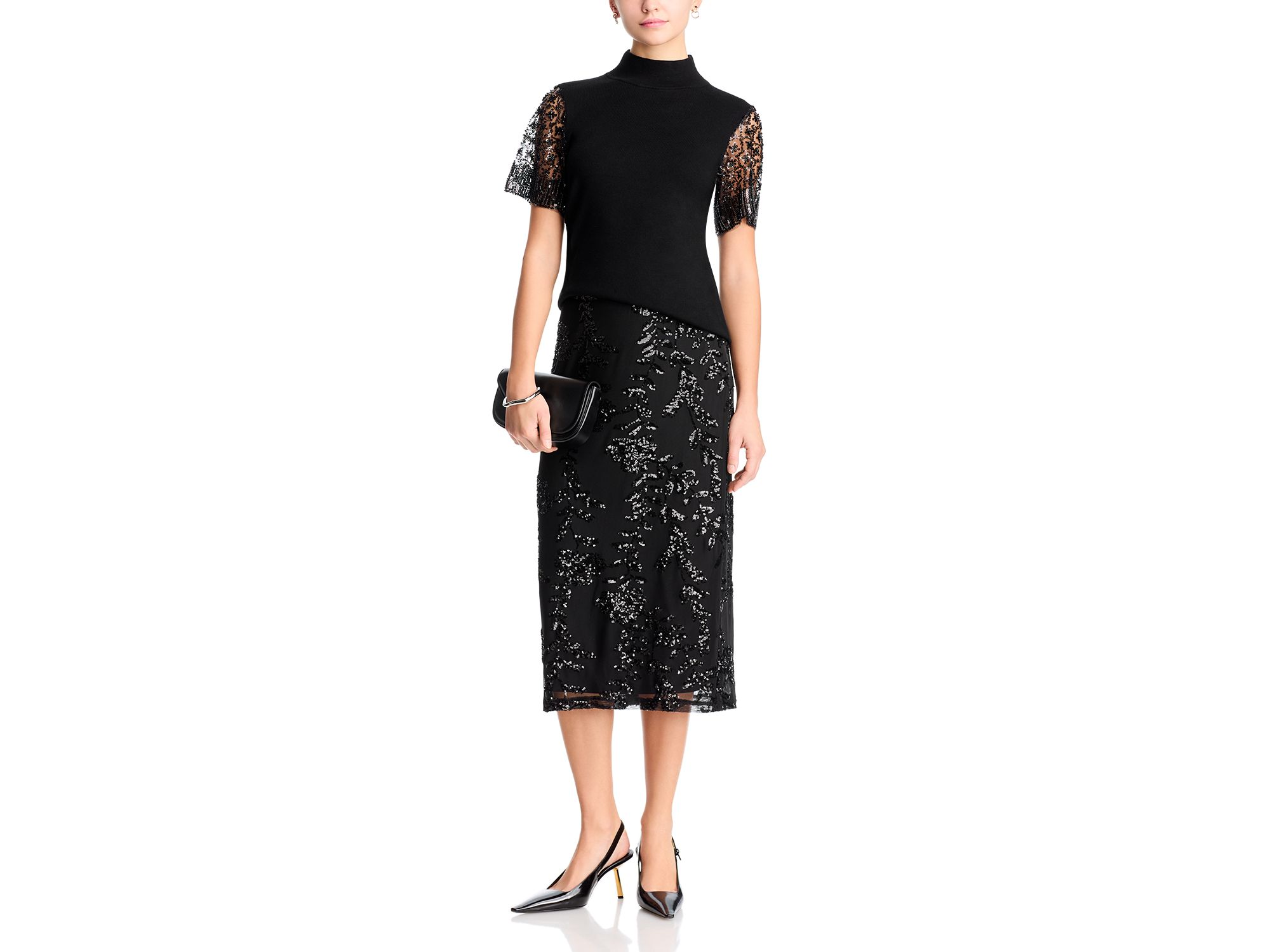 Sequin & Beaded Flutter Sleeve Mock Neck Sweater — Image 4
