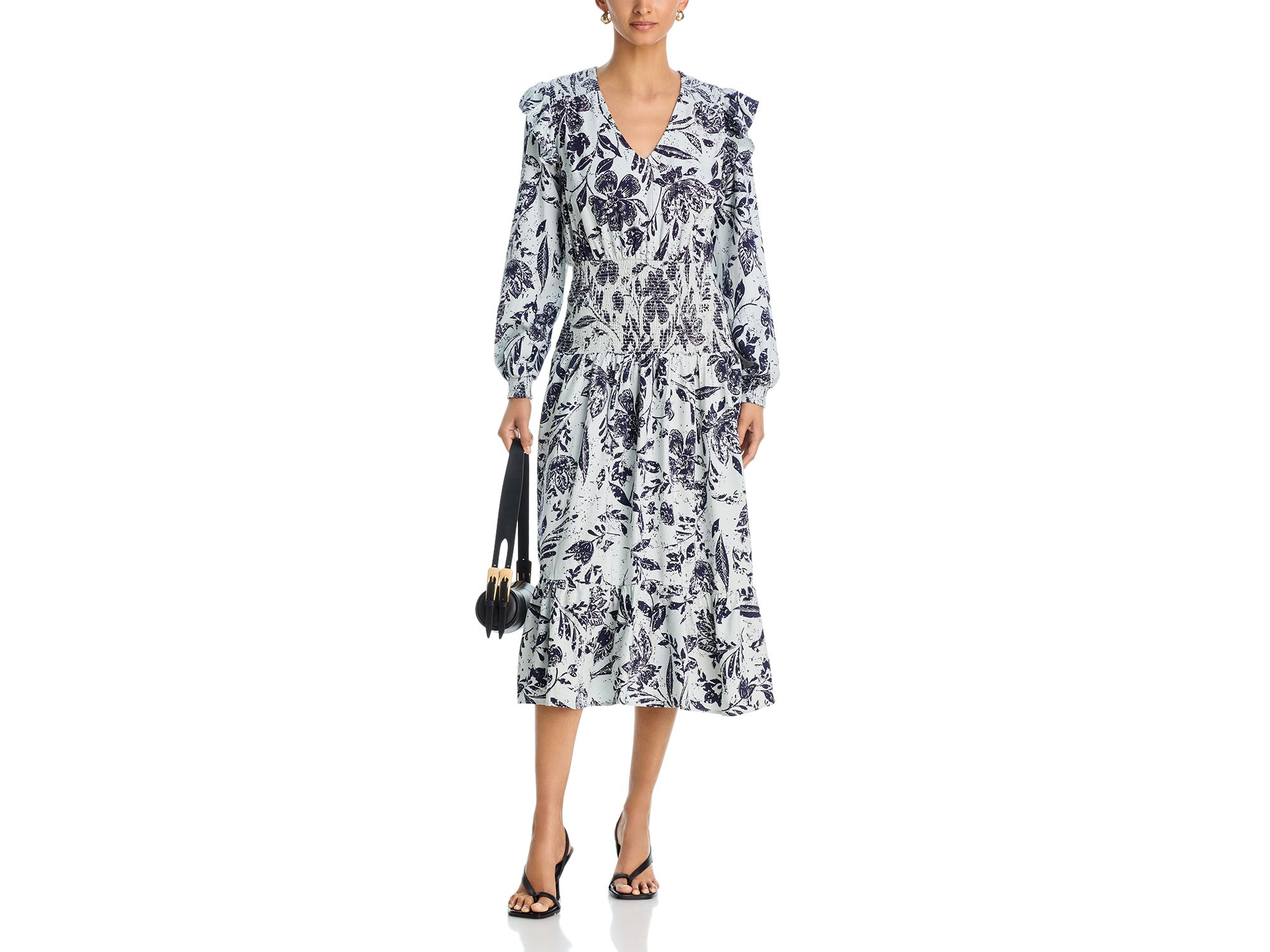 Long Sleeve V Neck Smocked Waist Midi Dress - Exclusive — Image 4
