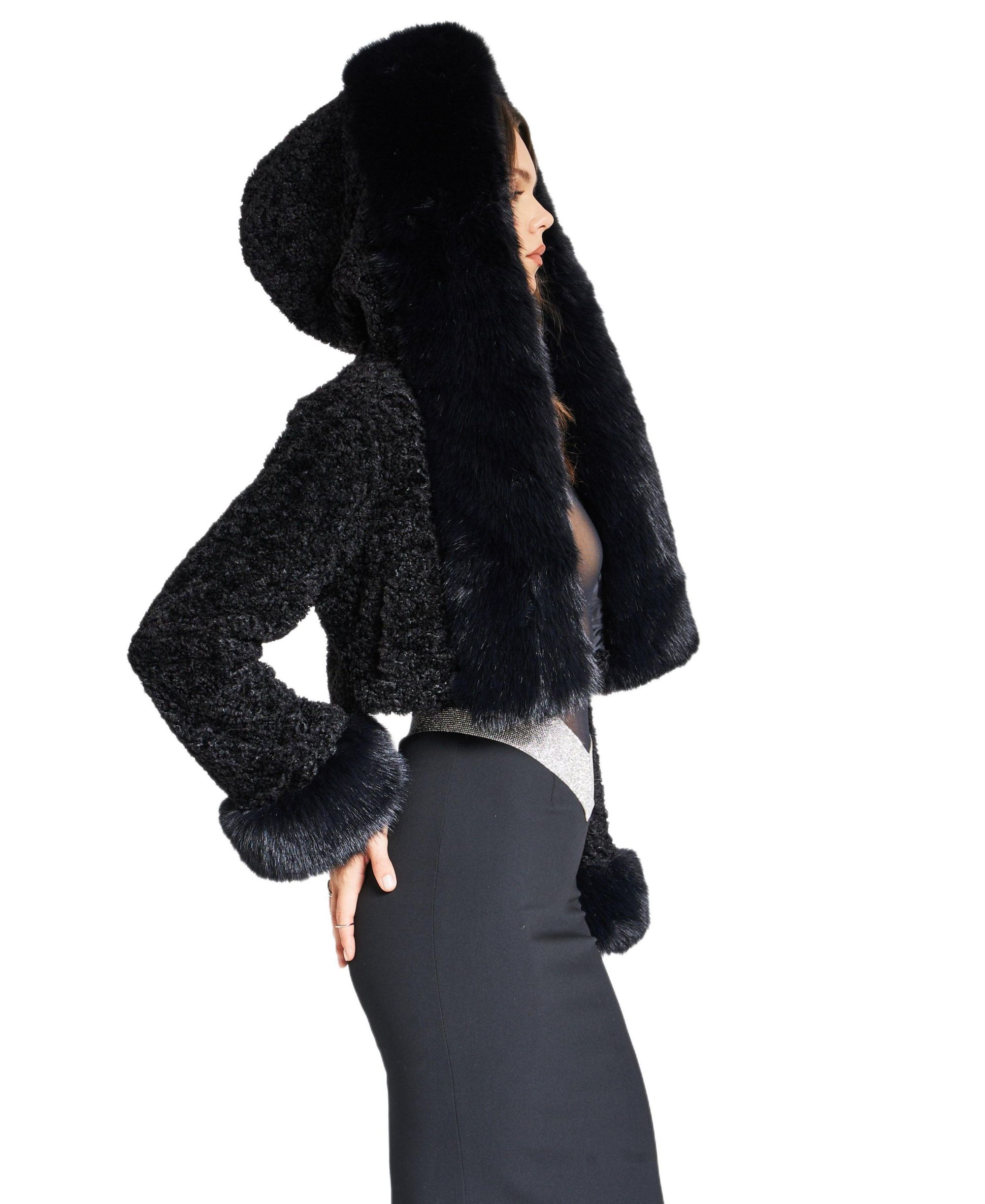 Kali Faux Fur Cropped Jacket with Hood — Image 6