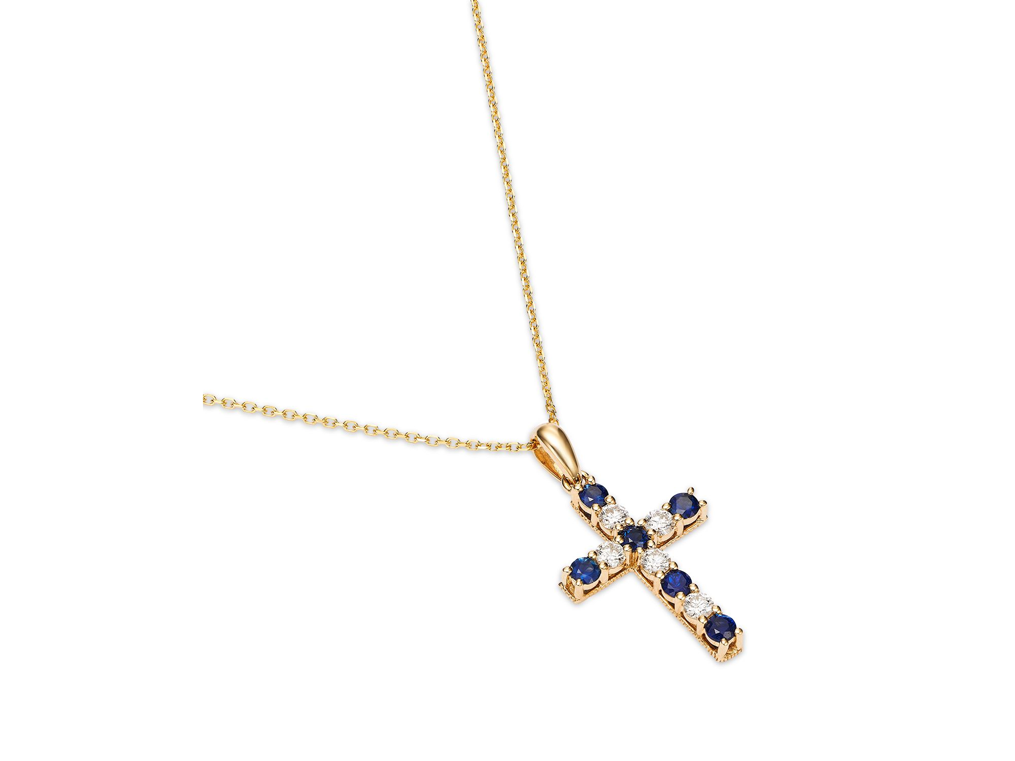 Blue Sapphire & Diamond Cross Pendant Necklace in 14K Yellow Gold, 16-18" — Image 3