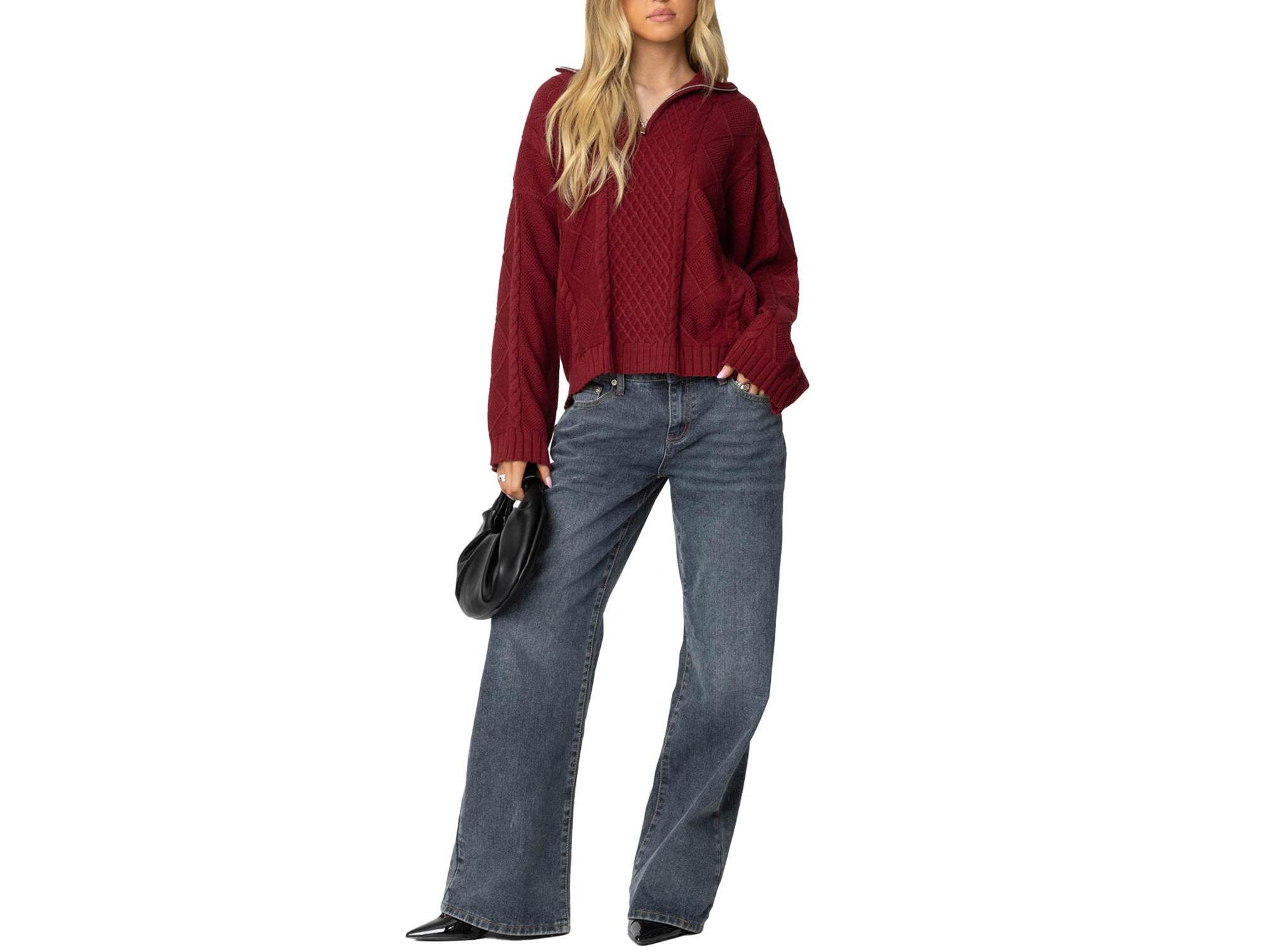 Oversized Quarter Zip Cable Knit Sweater — Image 3