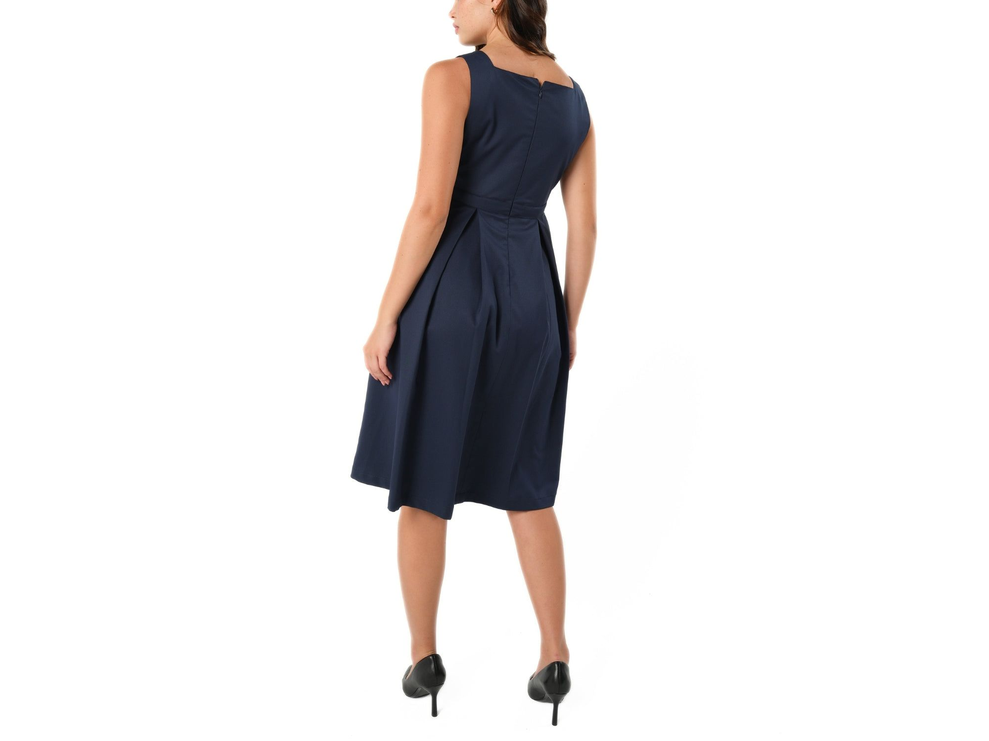 Women's Sleeveless Empire Waist Maternity & Nursing Knee Length Tea Dress in Navy Italian Light Weight Suiting Fabric (Regular & Petite) — Image 5