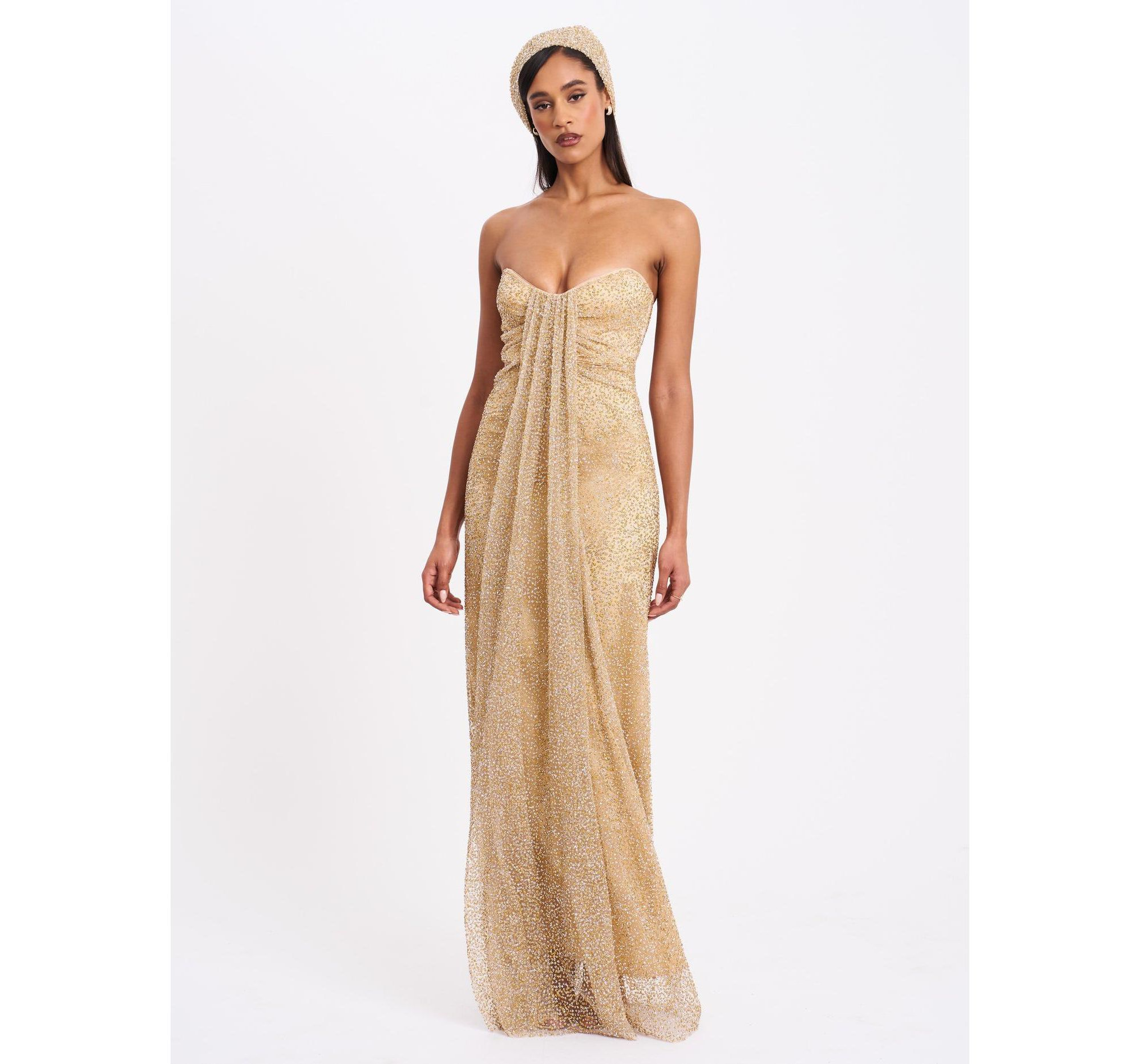 Ada Rhinestone Embellished Strapless Gown with Head Scarf — Image 9
