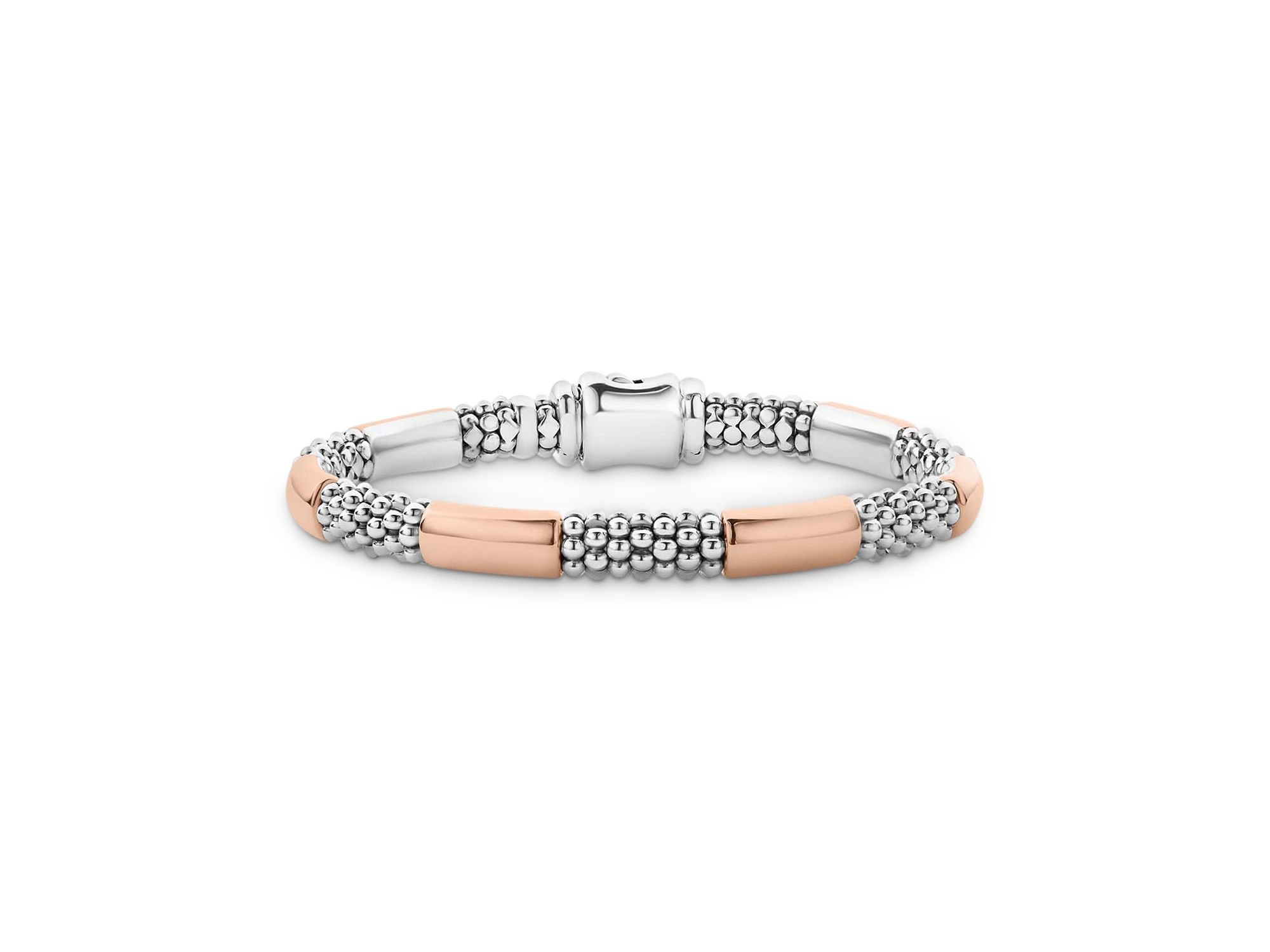 18K Rose Gold & Sterling Silver High Bar Polished & Caviar Bead Bracelet — Image 4