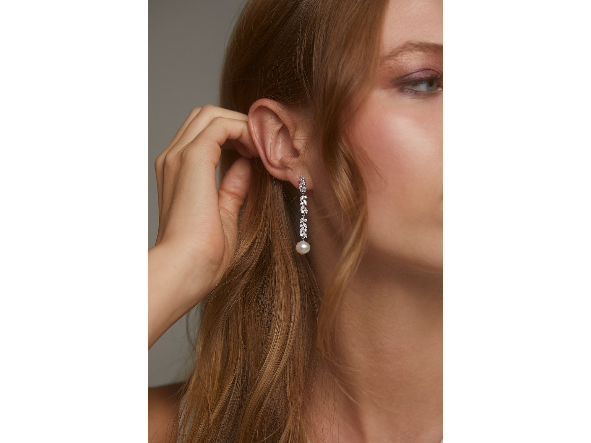 Sav Cubic Zirconia Cluster & Cultured Freshwater Pearl Linear Drop Earrings in Rhodium Plated — Image 3