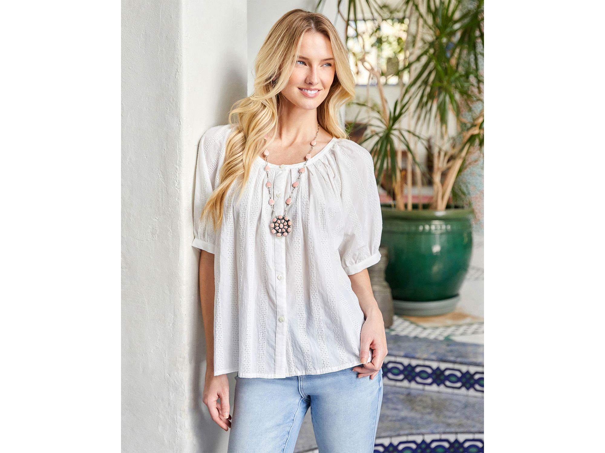 Short Sleeve Embroidered Peasant Top — Image 3