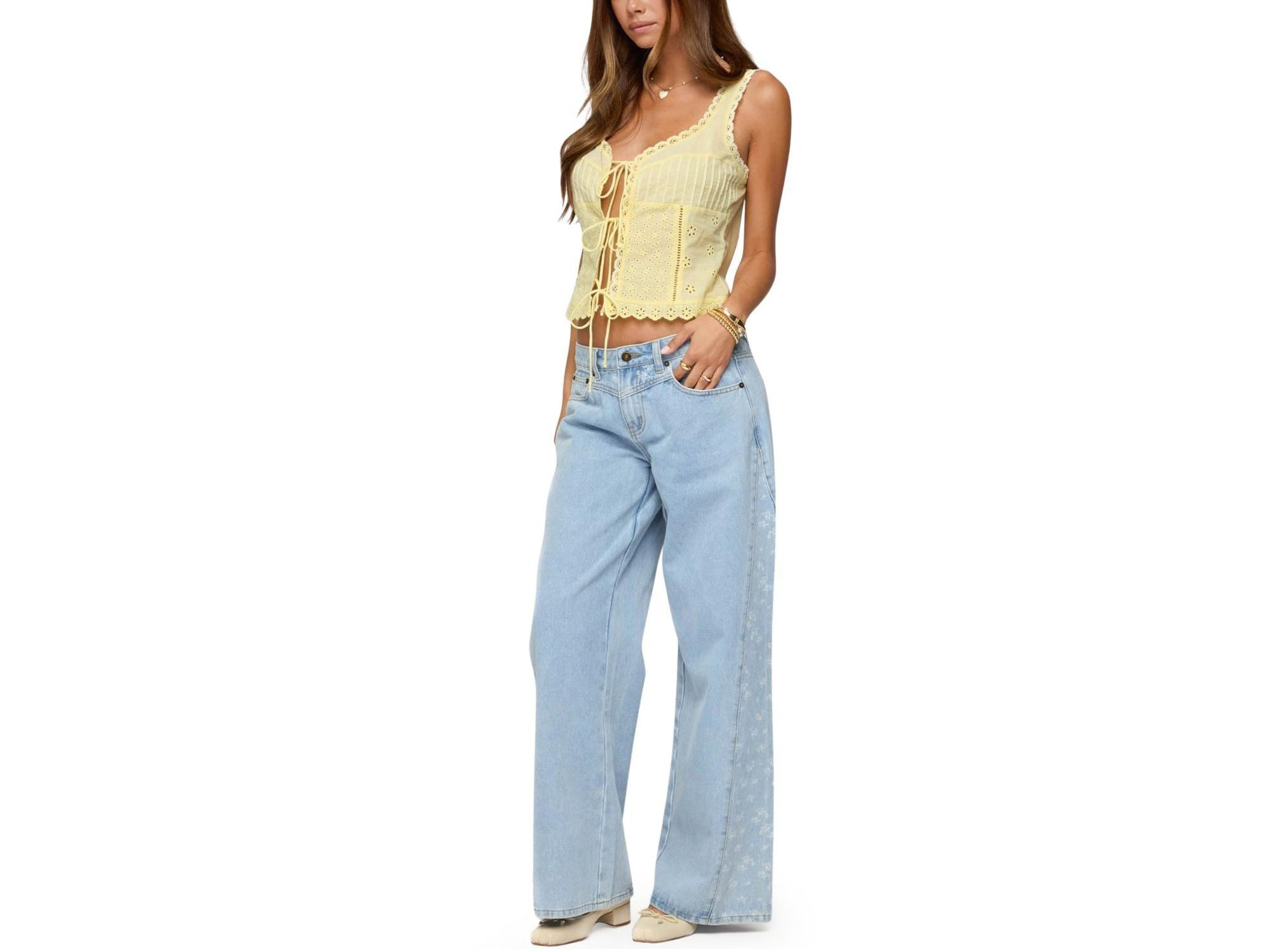 Floral Split Low Rise Blue Wash Jeans — Image 3