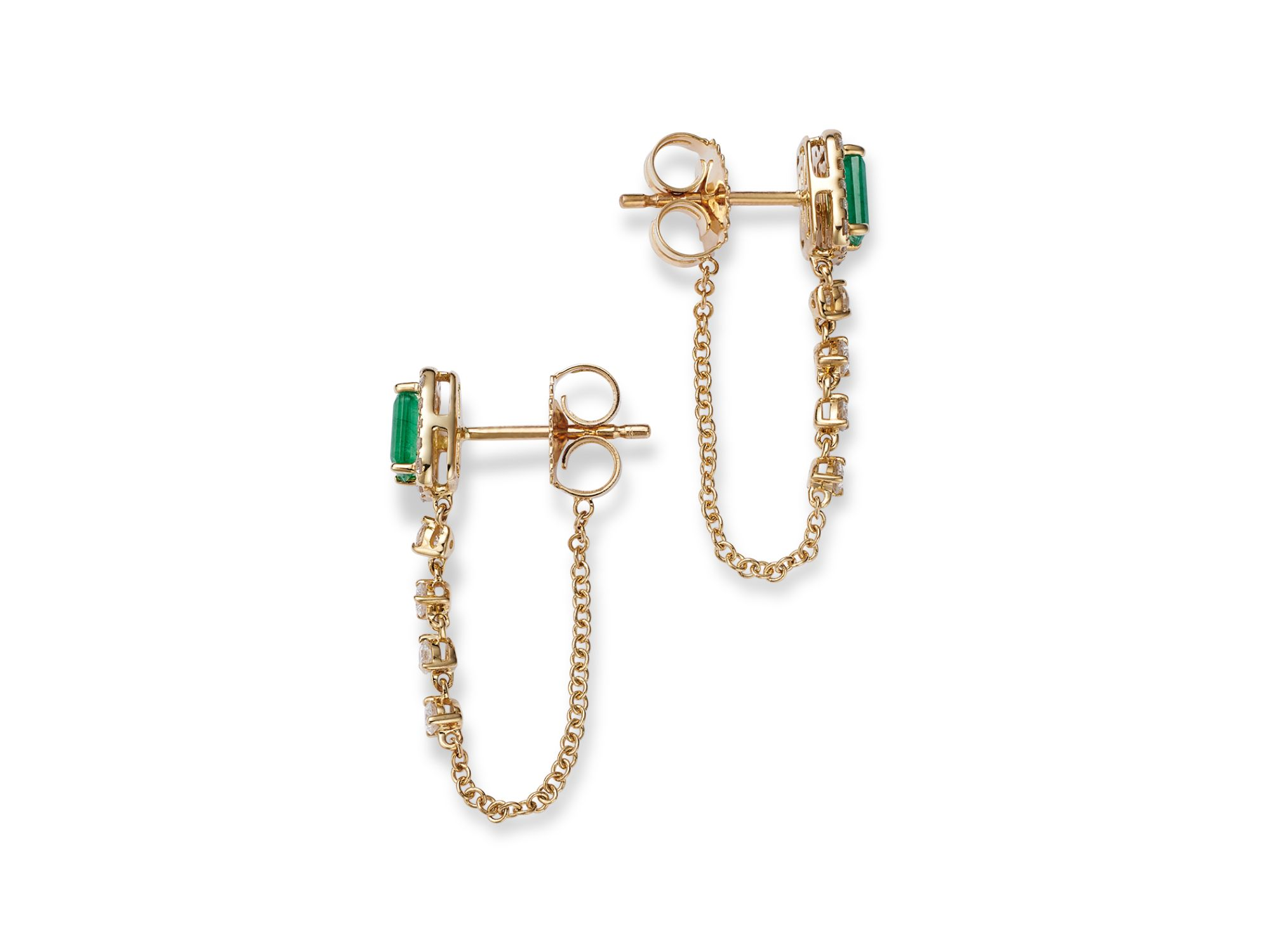 Emerald & Diamond Halo Chain Drop Earrings in 14K Yellow Gold — Image 4