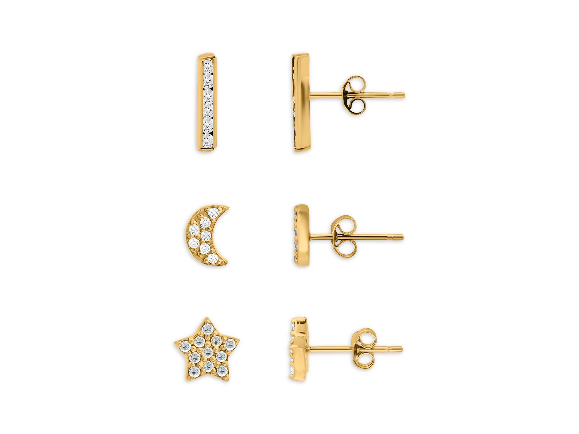 18K Gold-Plated Sterling Silver Cubic Zirconia Celestial Stud Earrings, Set of 3 - Exclusive — Image 3