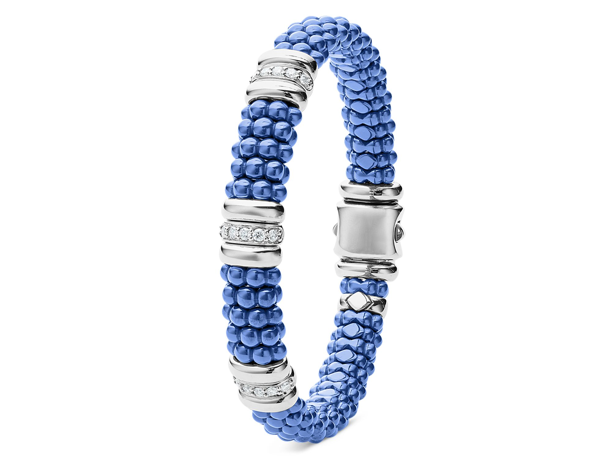 18K Yellow Gold & Sterling Silver Diamond Rondelle & Ultramarine Ceramic Caviar Bead Statement Bracelet — Image 3