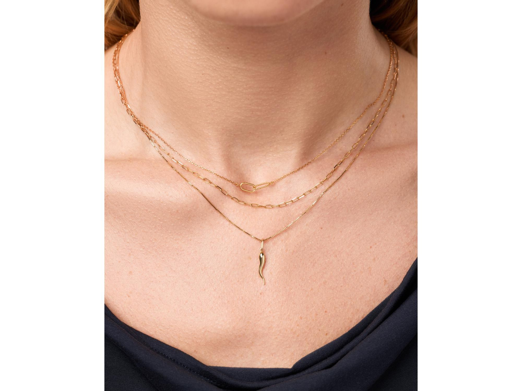 Solid Yellow Gold Italian Horn Charm Necklace — Image 3