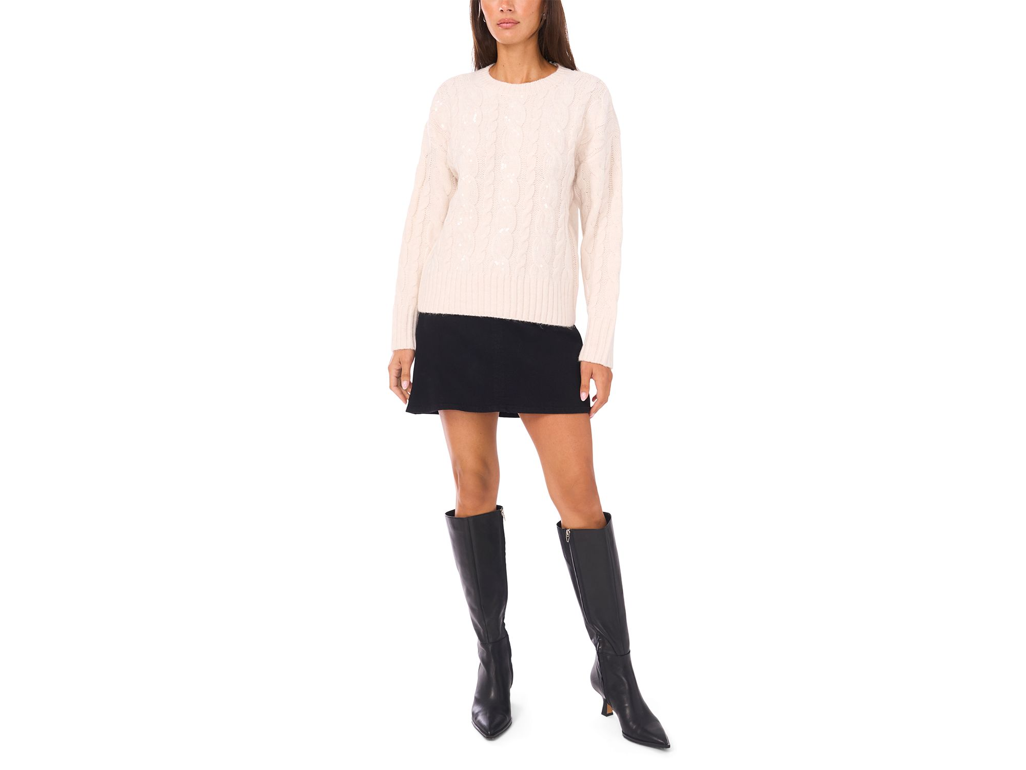 Sequin Cable Knit Long Sleeve Crewneck Sweater — Image 4