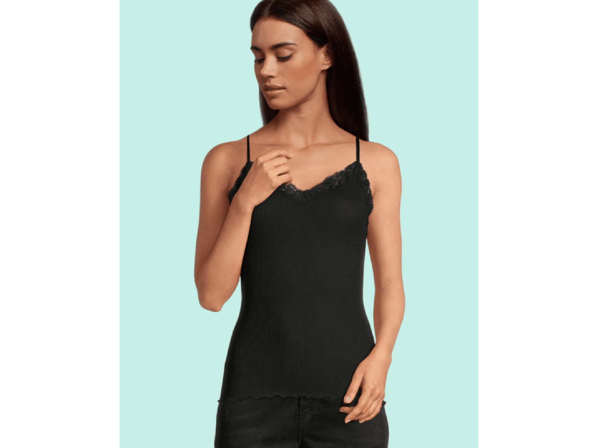 Ribbed Wool & Silk V-Neck Camisole with Lace Trim — Image 3