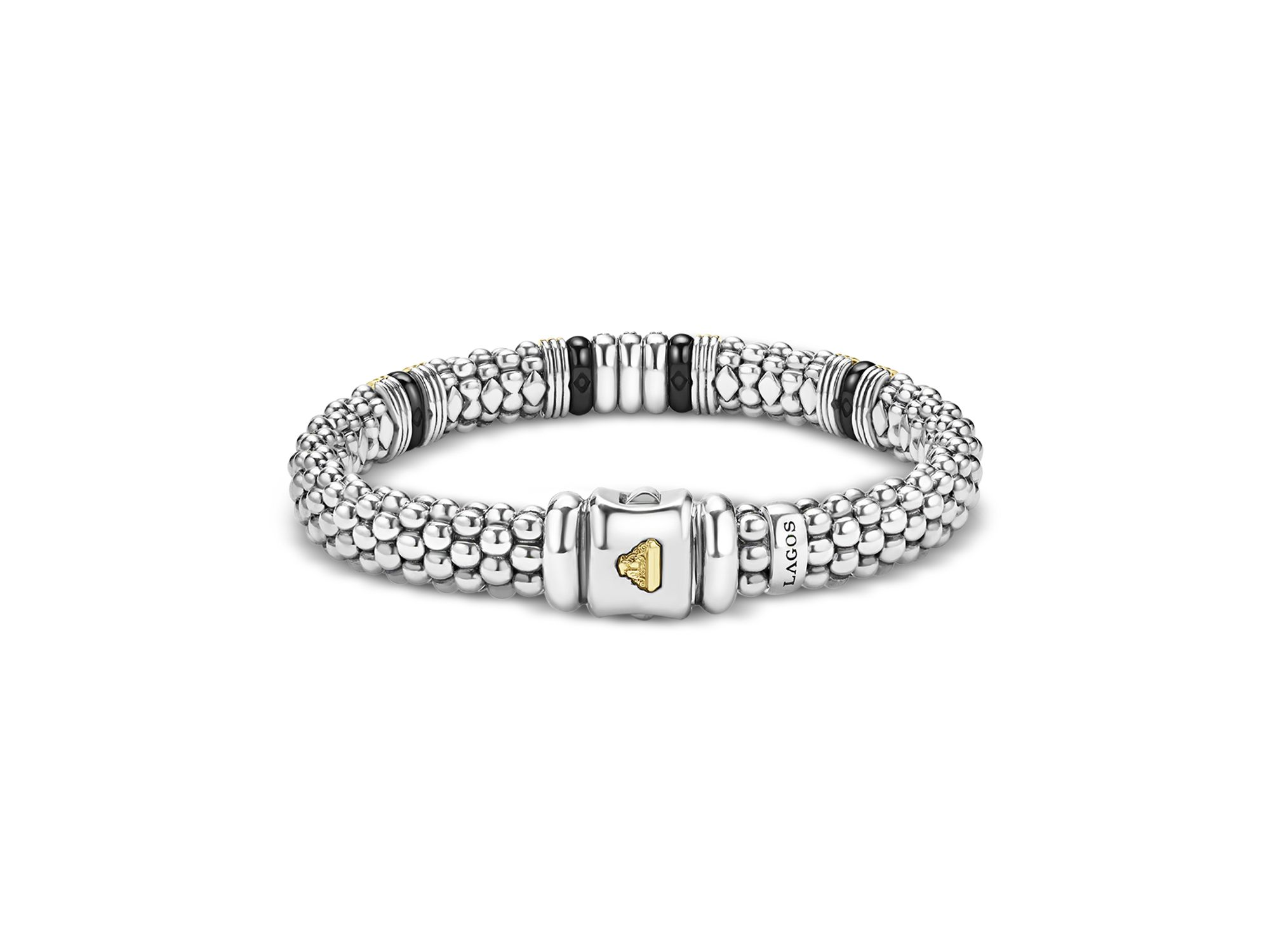 18K Yellow Gold & Sterling Black Caviar Diamond & Black Ceramic Station Bracelet — Image 5