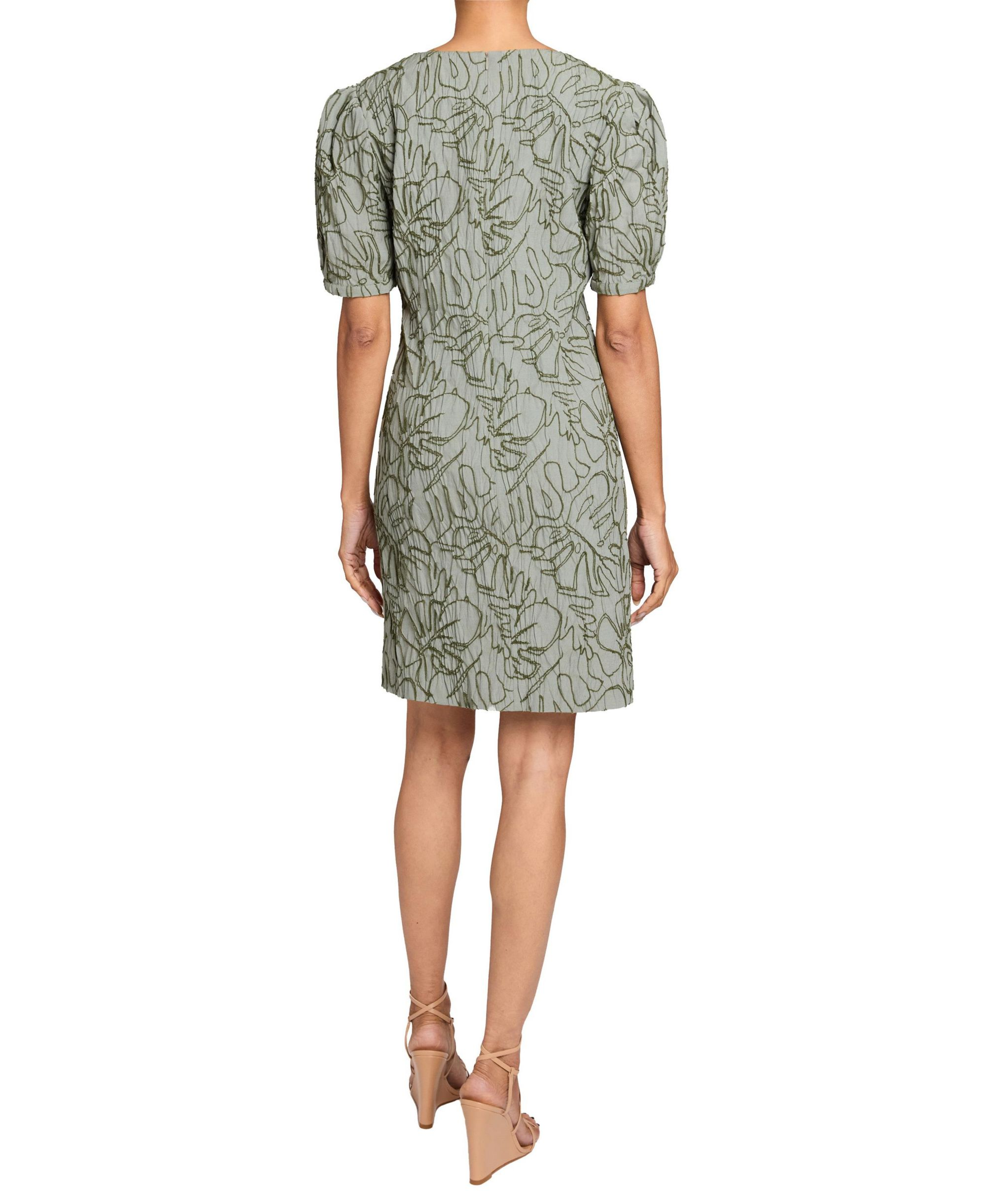 BIANCA A-Line Shift Dress with Puff Sleeves in Abstract Stretch Cotton Cloque — Image 3