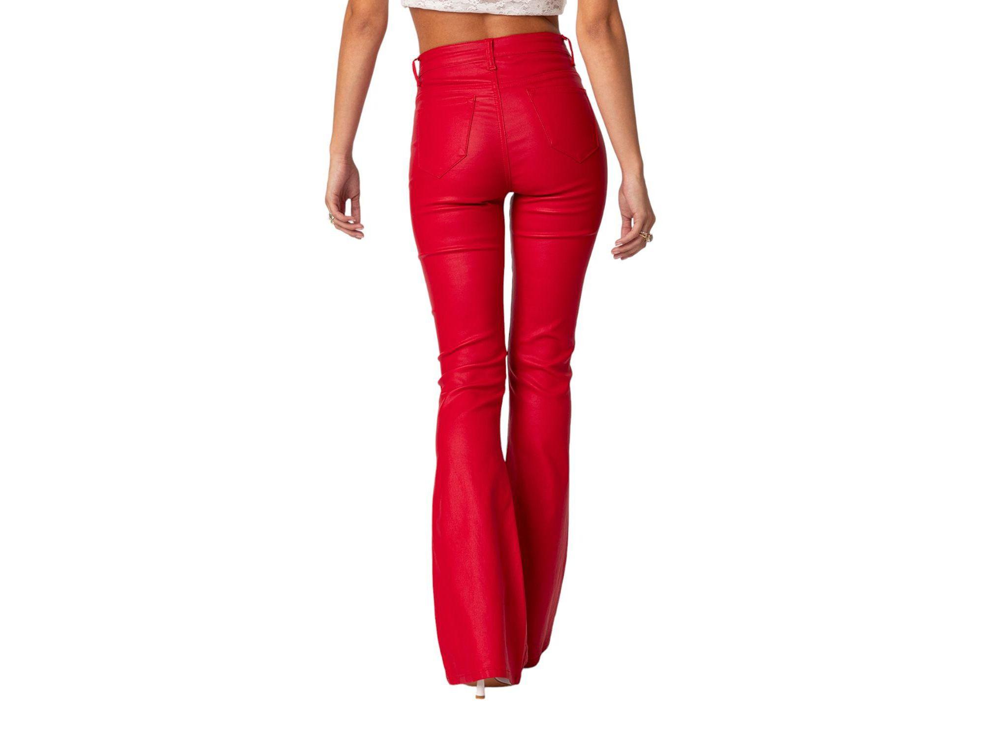 Luna Faux Leather Flare Jeans in Red — Image 3