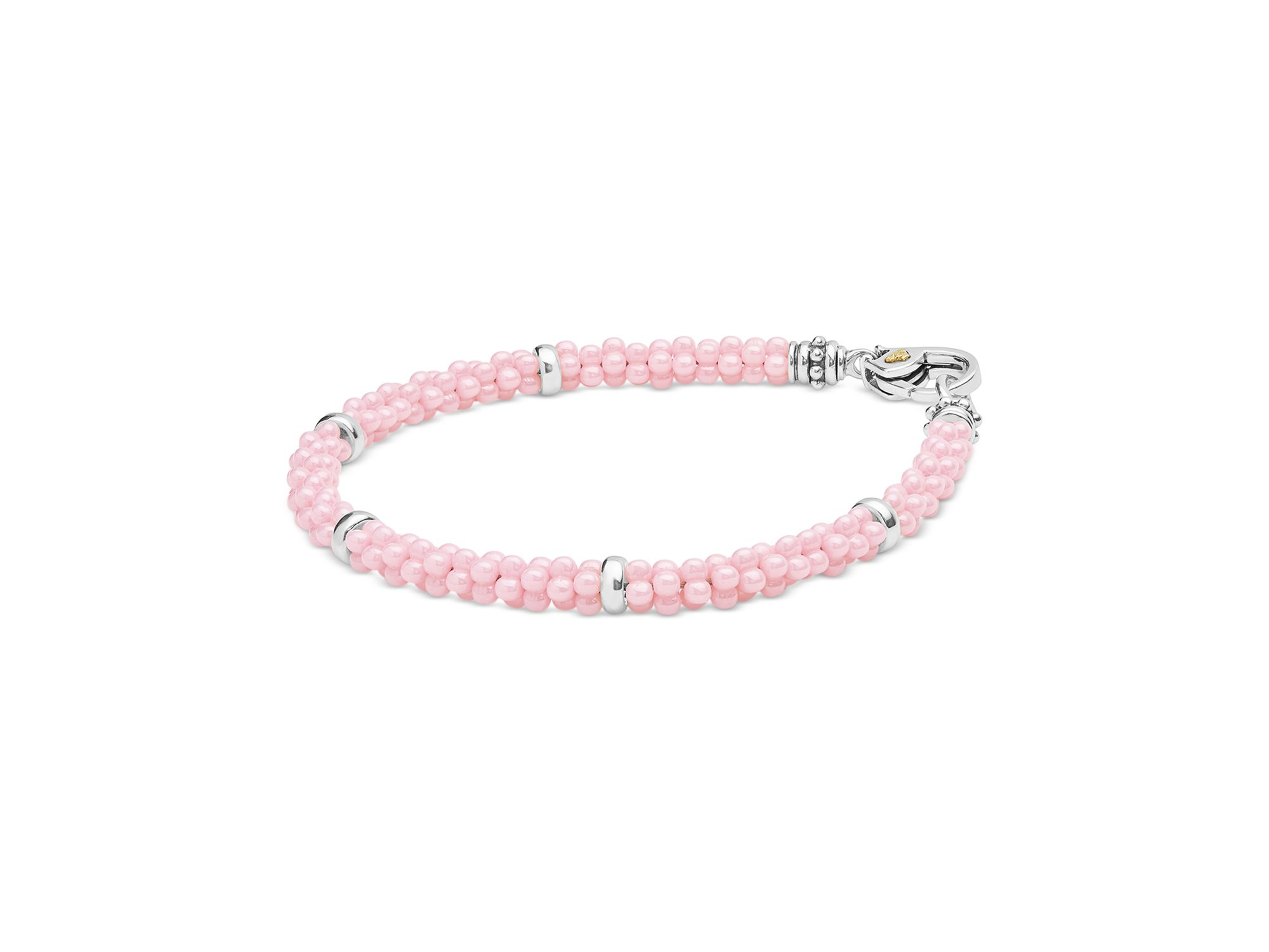 18K Yellow Gold & Sterling Silver Pink Caviar Ceramic Bead Bracelet — Image 4