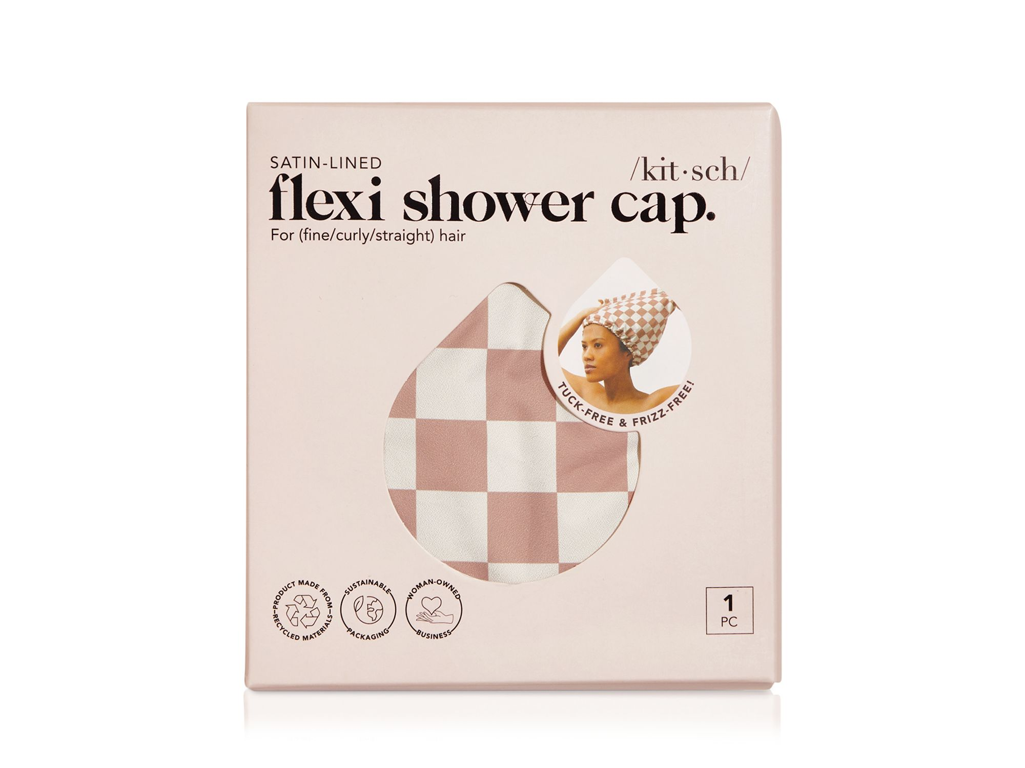 Satin Lined Flexi Shower Cap - Terracotta Checker — Image 4