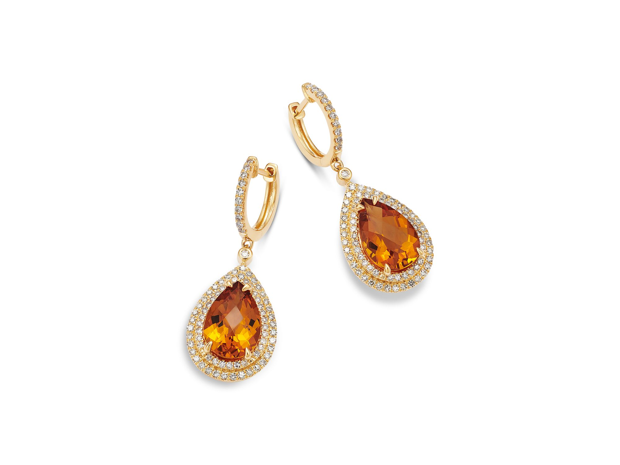 Cognac Citrine & Diamond Pear Shaped Halo Drop Earrings in 14K Yellow Gold — Image 3
