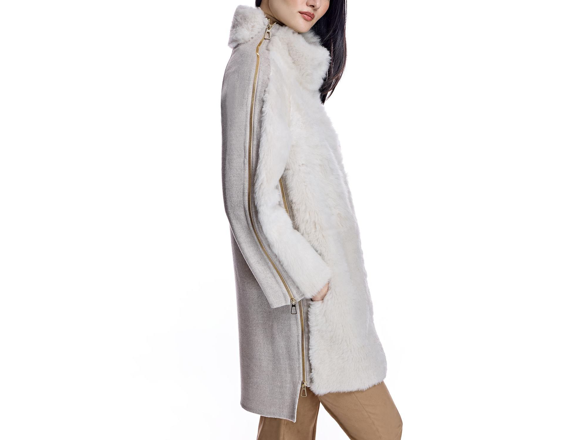 Mixed-Media Shearling Coat With Zipper Trim — Image 5