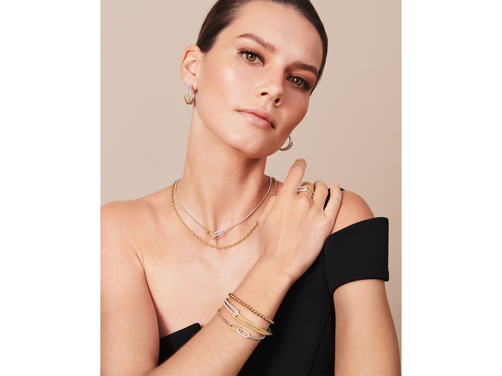 18K Yellow Gold & Sterling Silver Caviar Lux-Clip Diamond Bead Link Necklace, 16-18" - Exclusive — Image 4