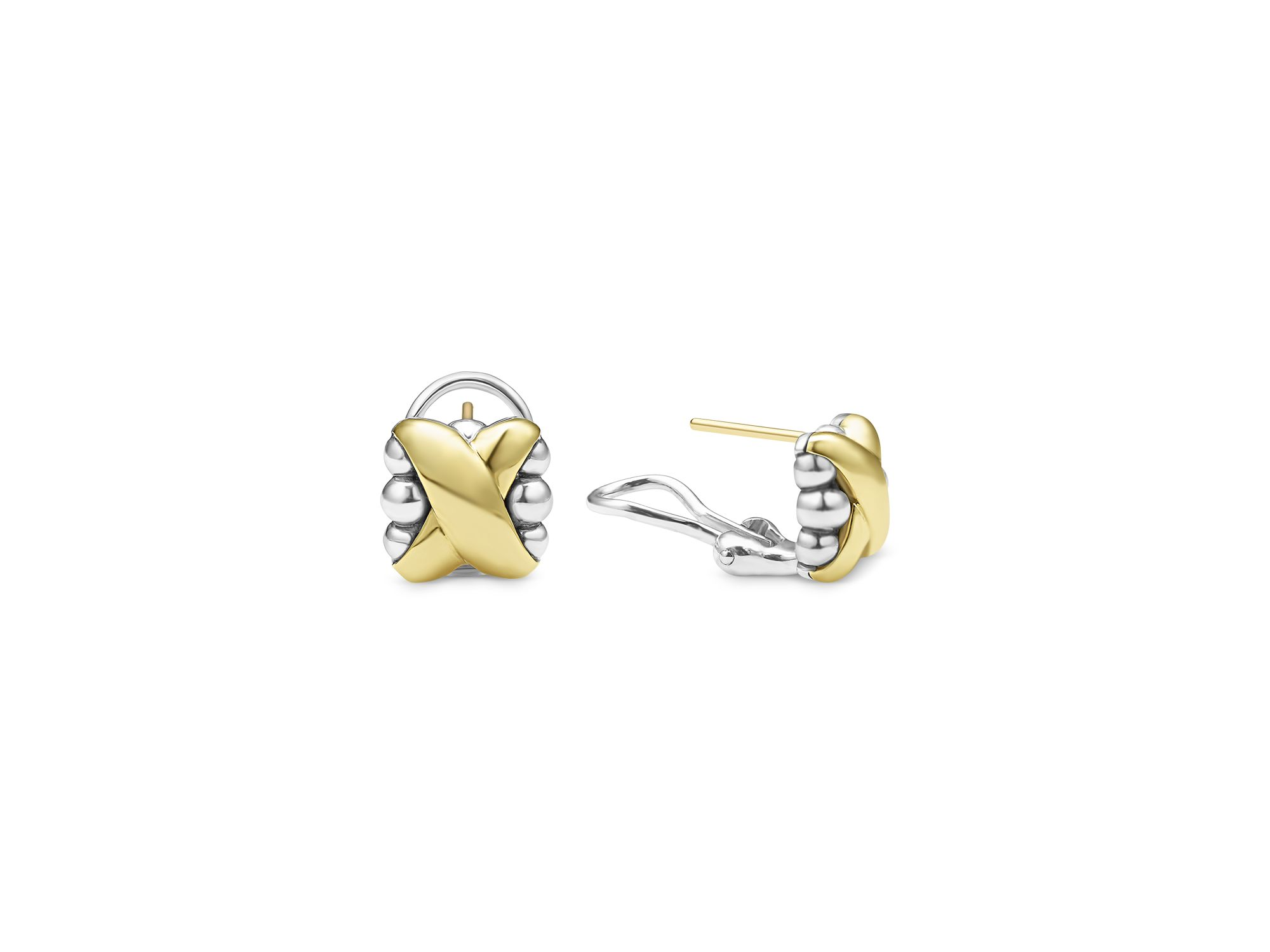 18K Yellow Gold & Sterling Silver Embrace X Dome Caviar Bead Omega Earrings — Image 4
