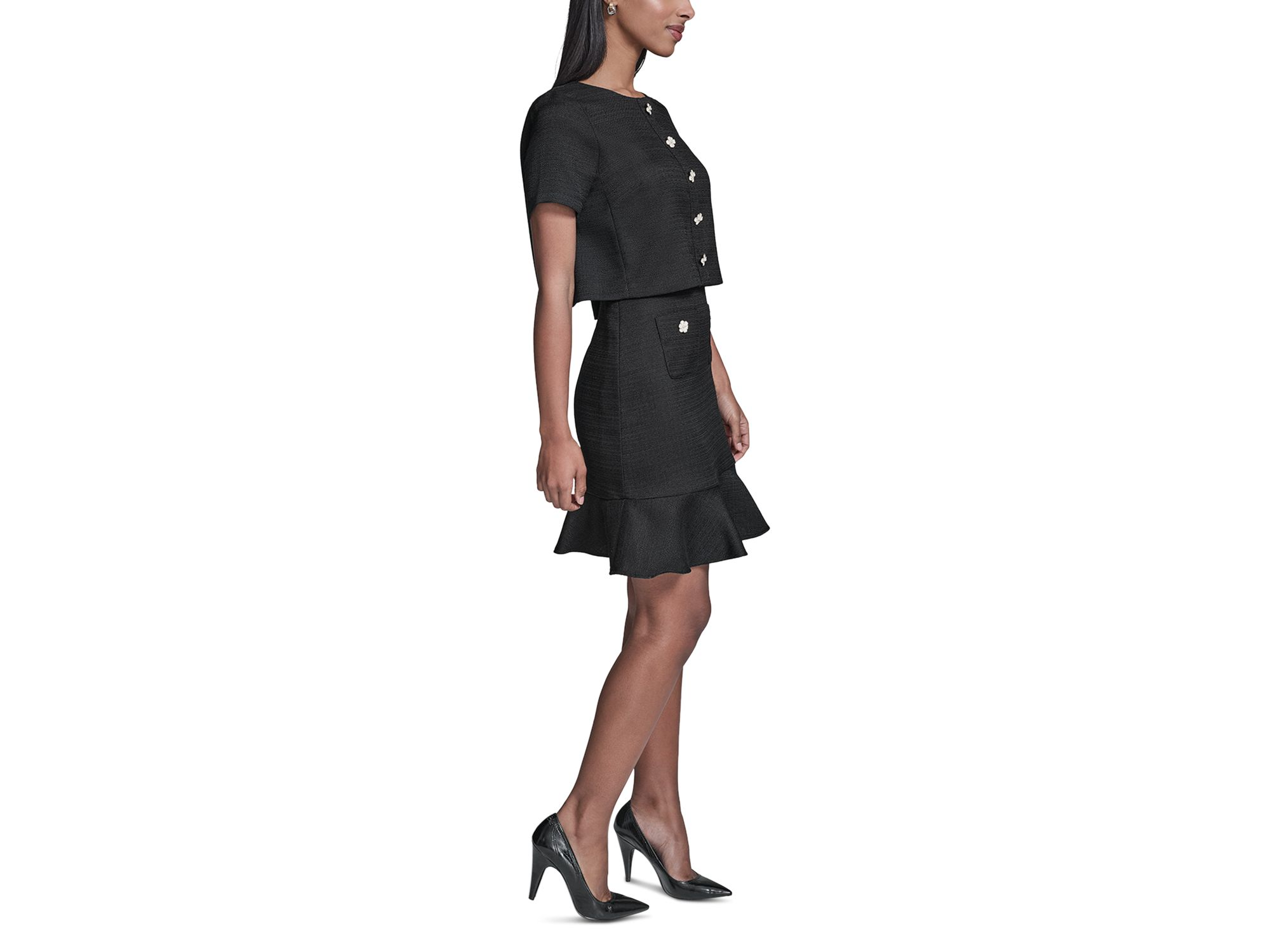 Flower Button Short Sleeve Summer Tweed Dress — Image 6