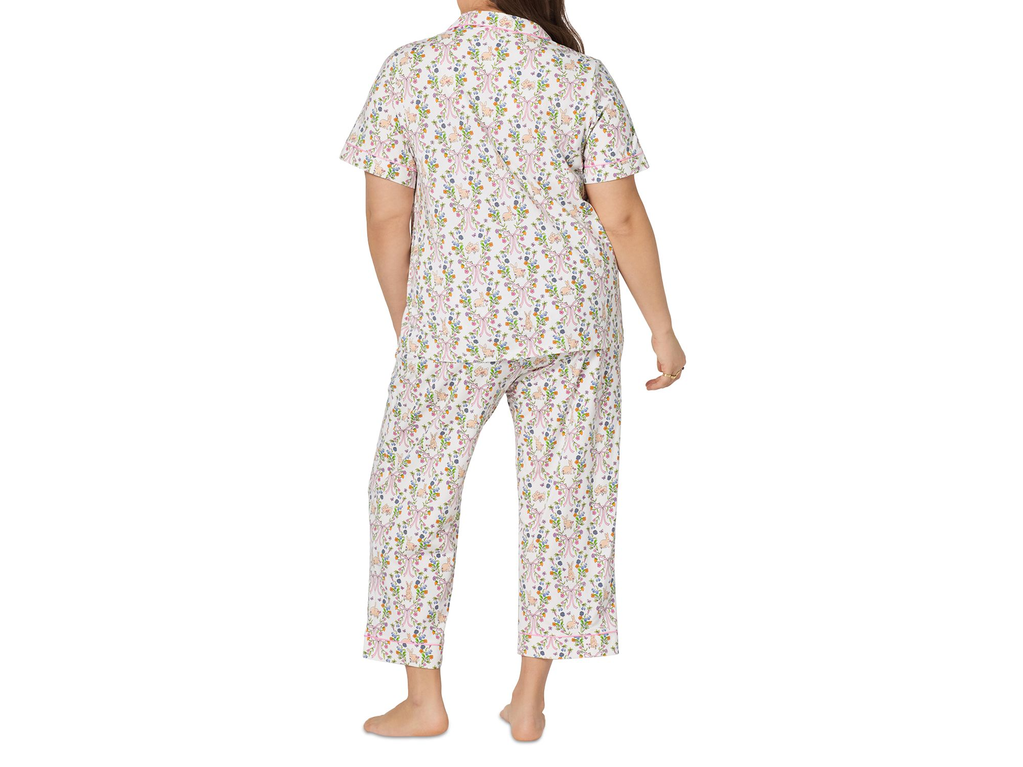 Pink Short Sleeve Classic Stretch Jersey Cropped Pajama Set in Bunny Blooms — Image 3