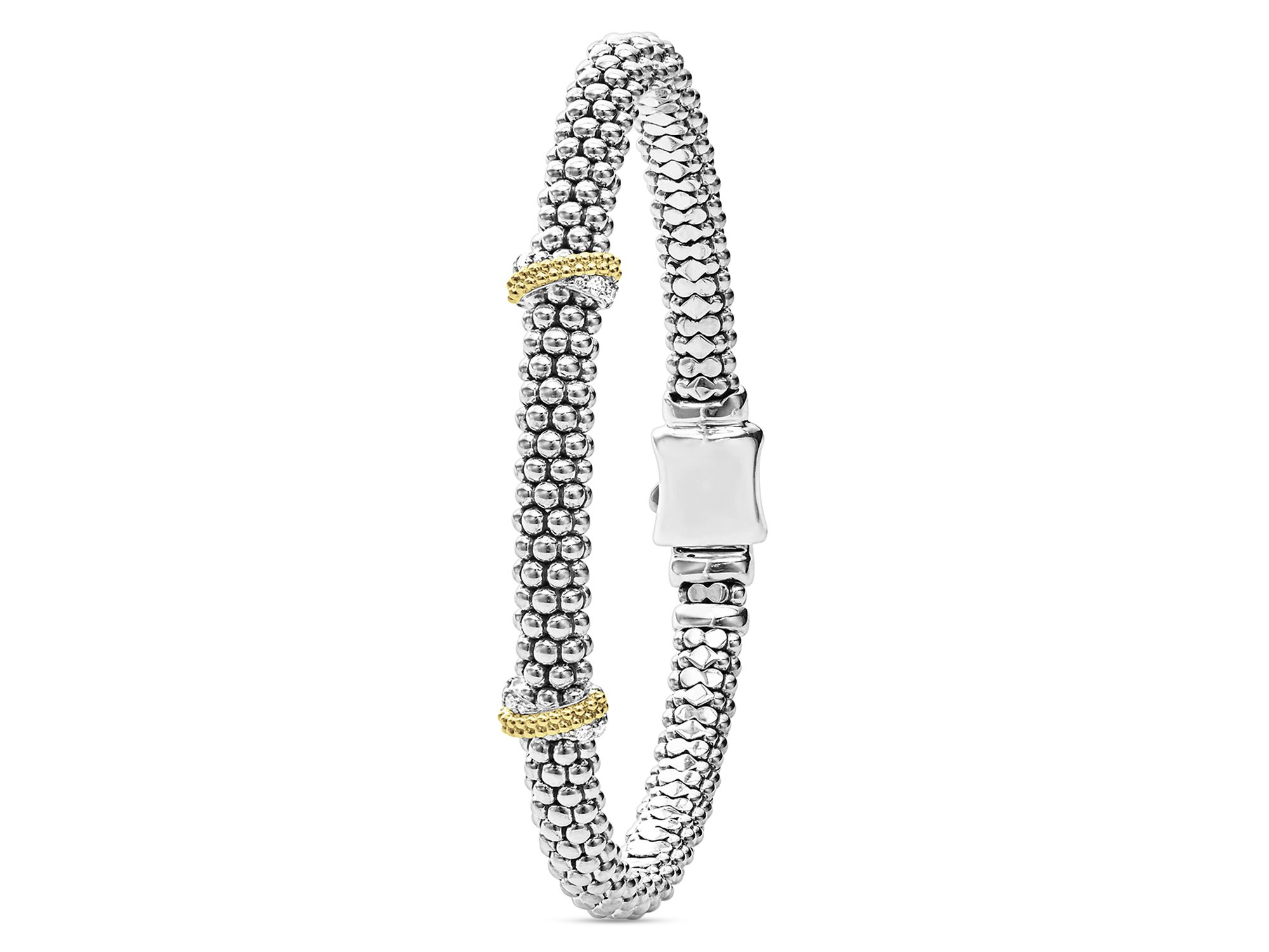 18K Yellow Gold & Sterling Silver Caviar Lux X Station Diamond Bracelet — Image 3