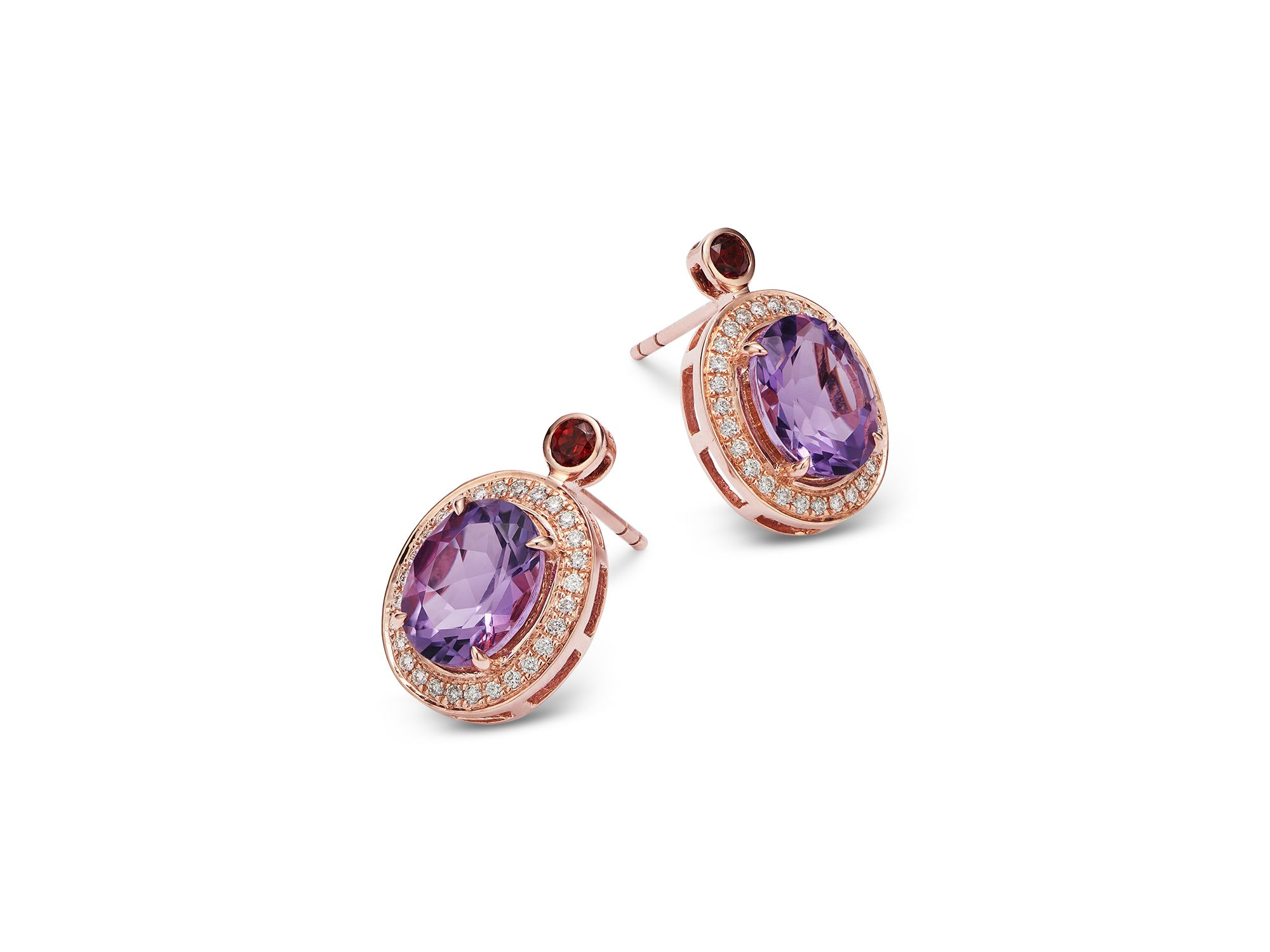Amethyst, Garnet & Diamond Halo Stud Earrings in 14K Rose Gold — Image 3