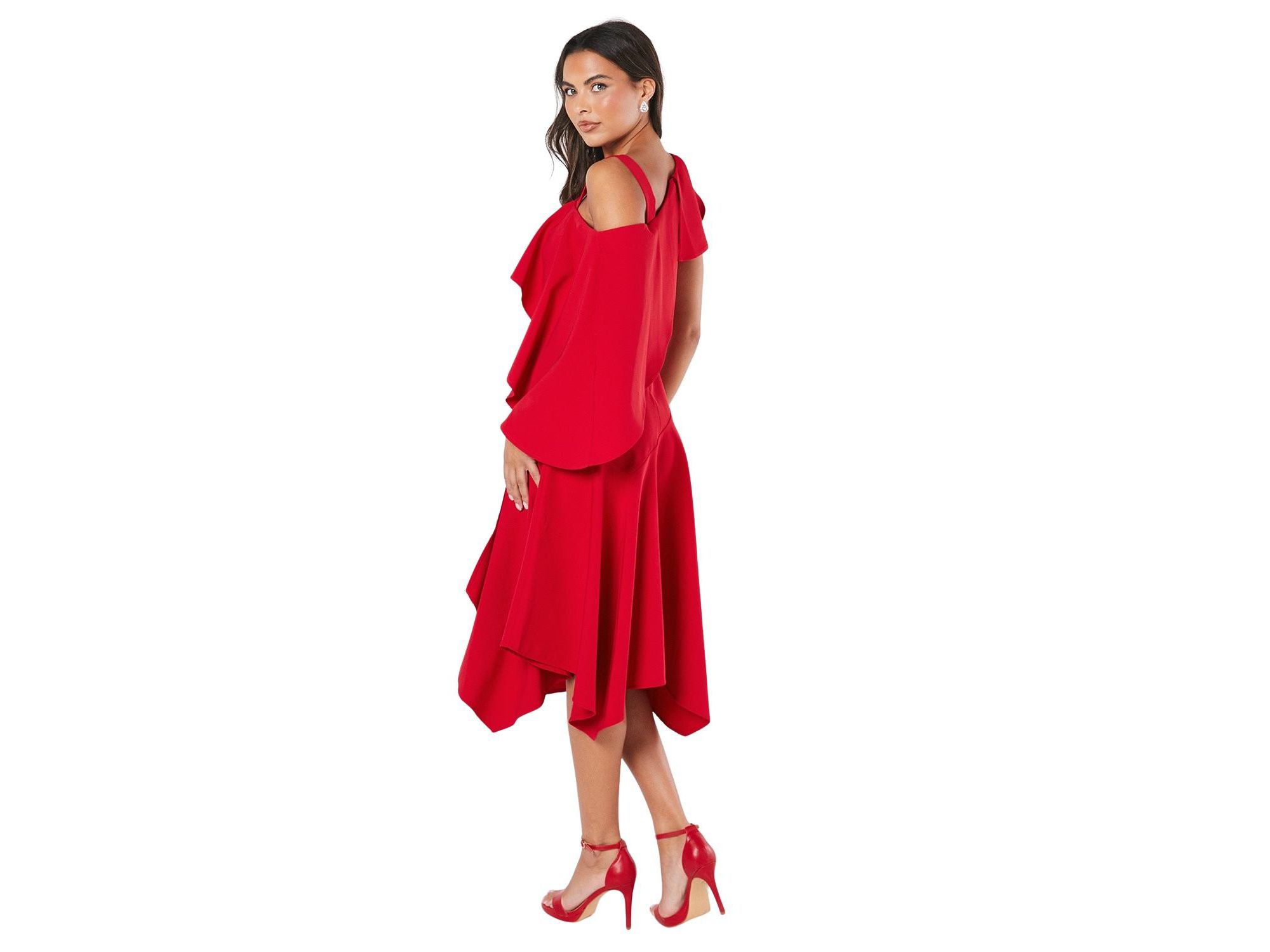 One Shoulder Ruffle Crepe Midi Dress — Image 4