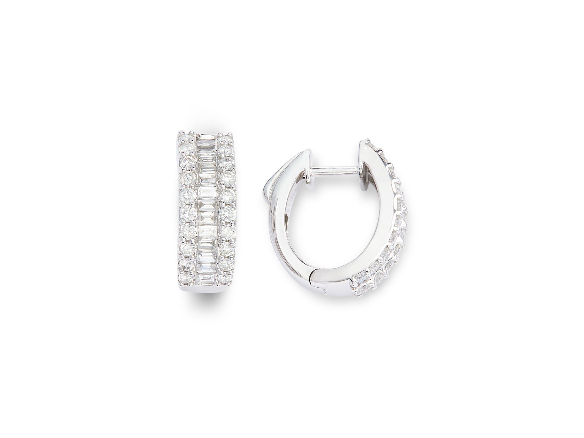 Diamond Baguette & Round Huggie Hoop Earring in 14K White Gold, 2.0 tcw — Image 3