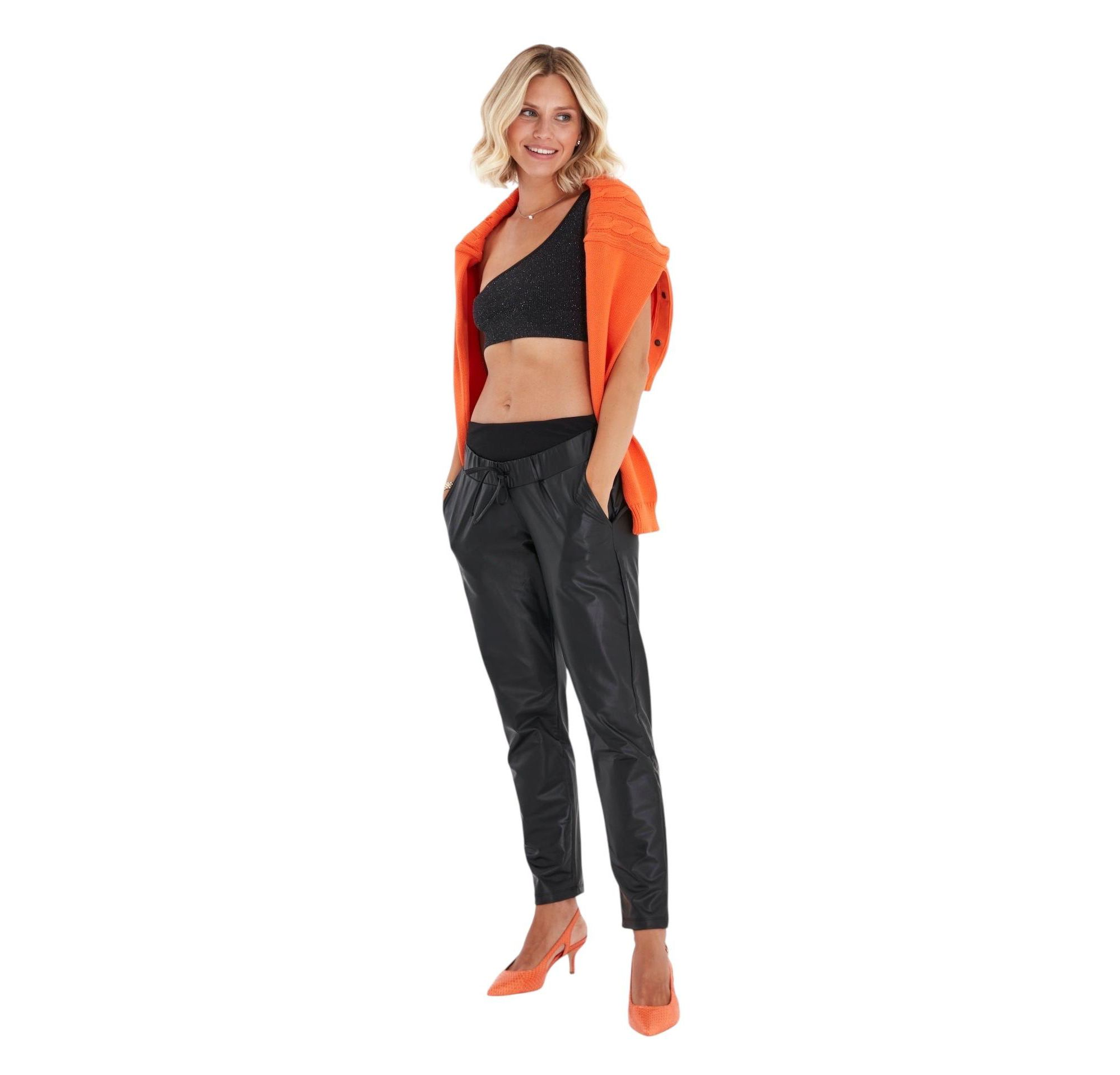 Comfy Cool Foldover Waistband Faux Leather Maternity Jogger Pants — Image 6
