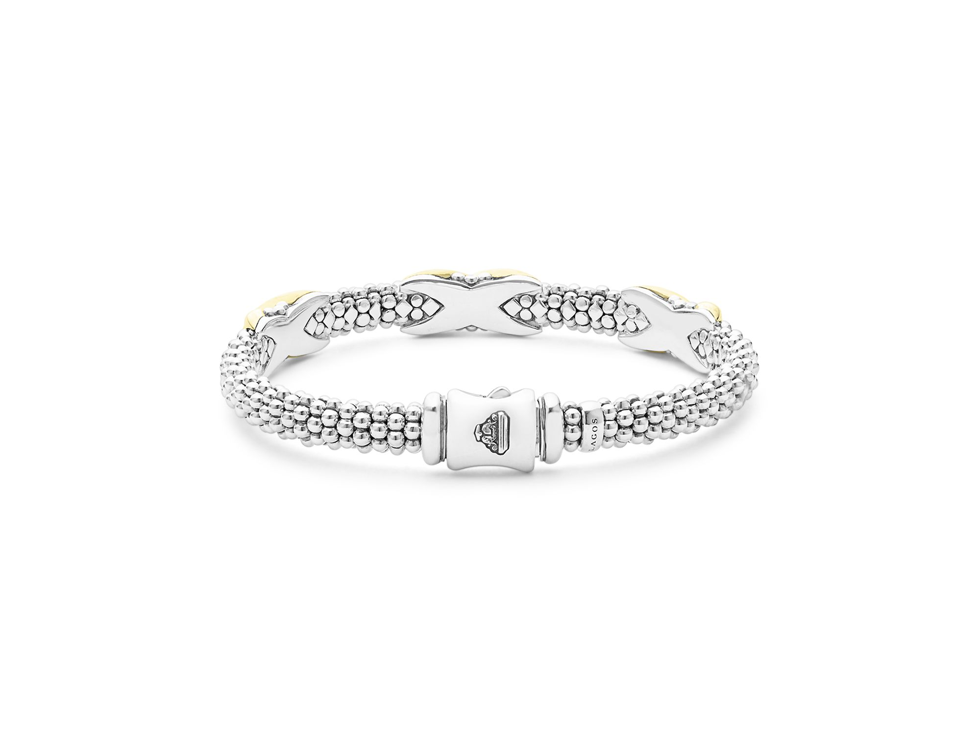 18K Yellow Gold & Sterling Silver Embrace Triple X Caviar Bead Link Bracelet — Image 5