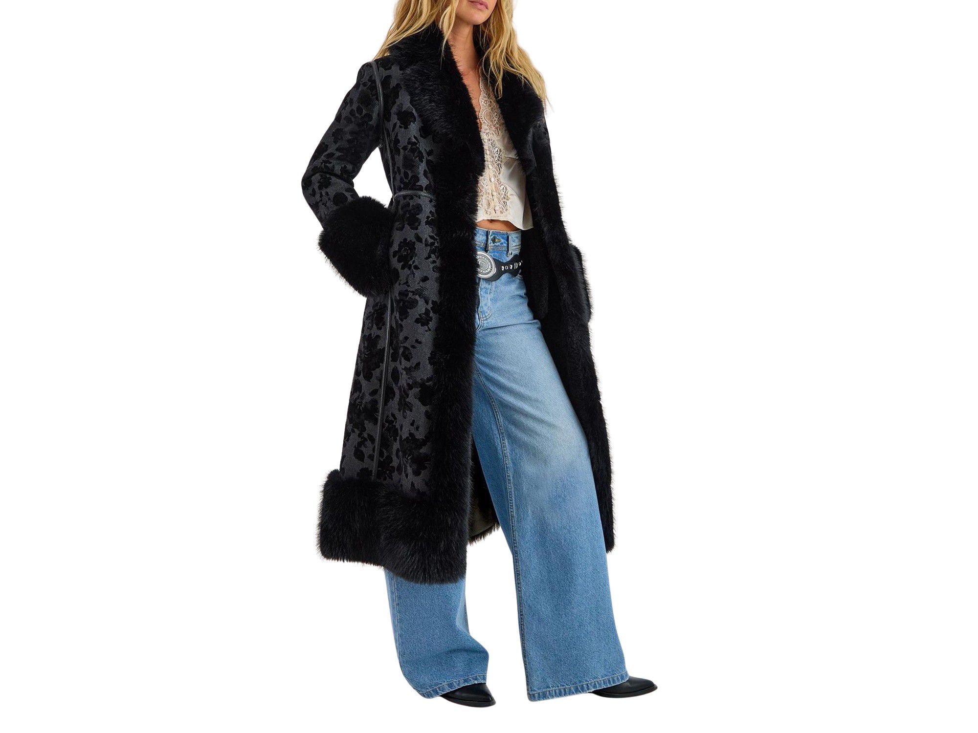 Faux Fur Floral Jacquard Coat - Image 1